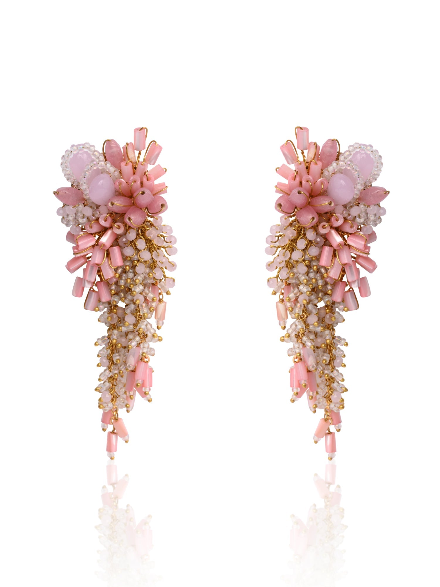 Baby Pink Shaded Gold Plated Chain Tassel Long Earrings