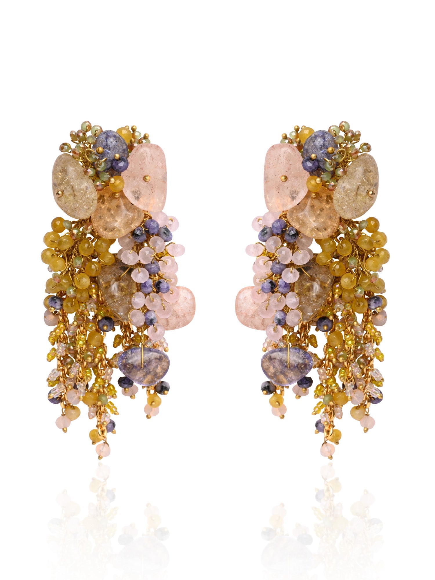 Colourful Precious Stone Gold Plated Long Chain Earrings