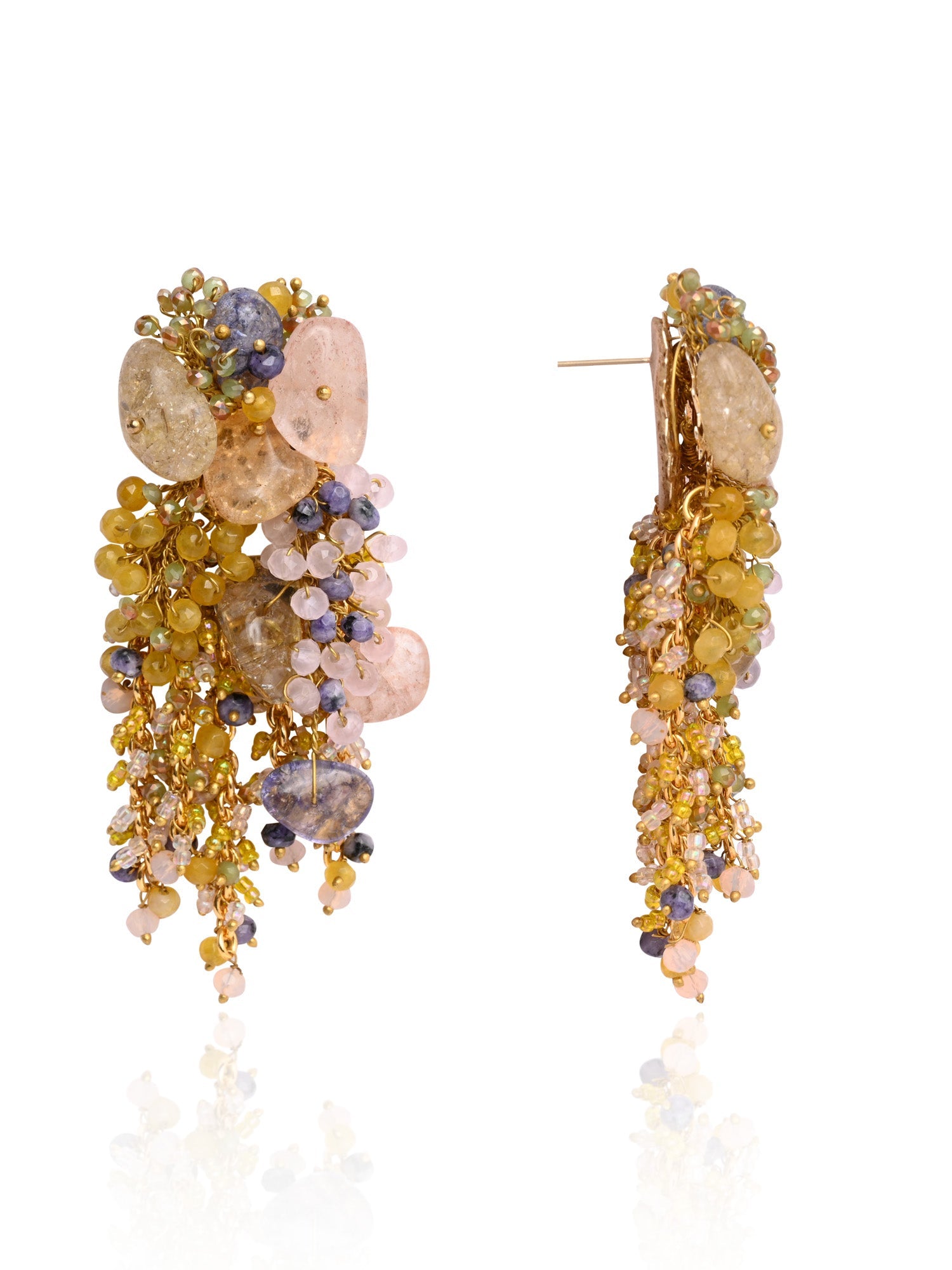 Colourful Precious Stone Gold Plated Long Chain Earrings