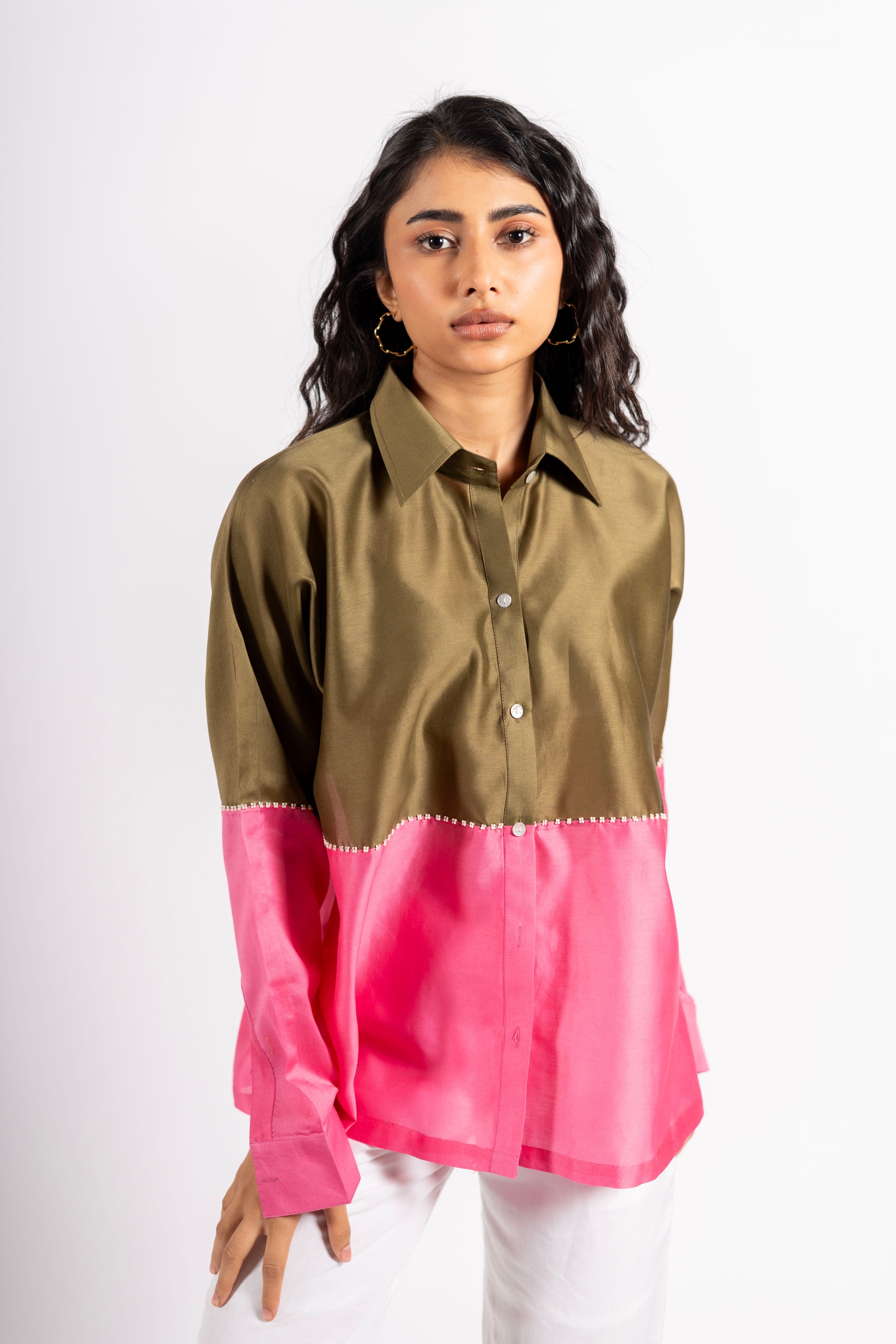 Beanie Shirt Two Tone Khakhi & Pink