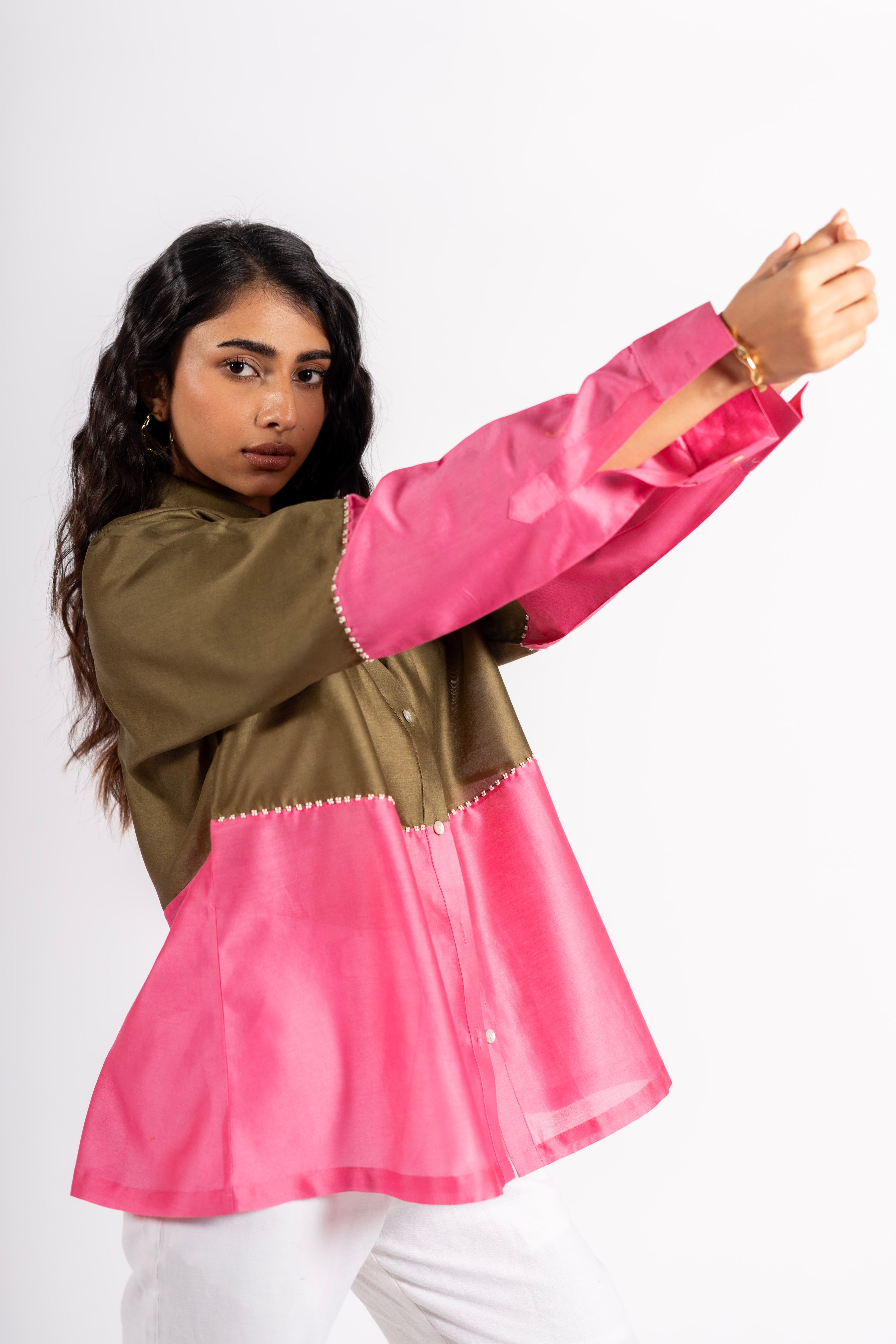 Beanie Shirt Two Tone Khakhi & Pink