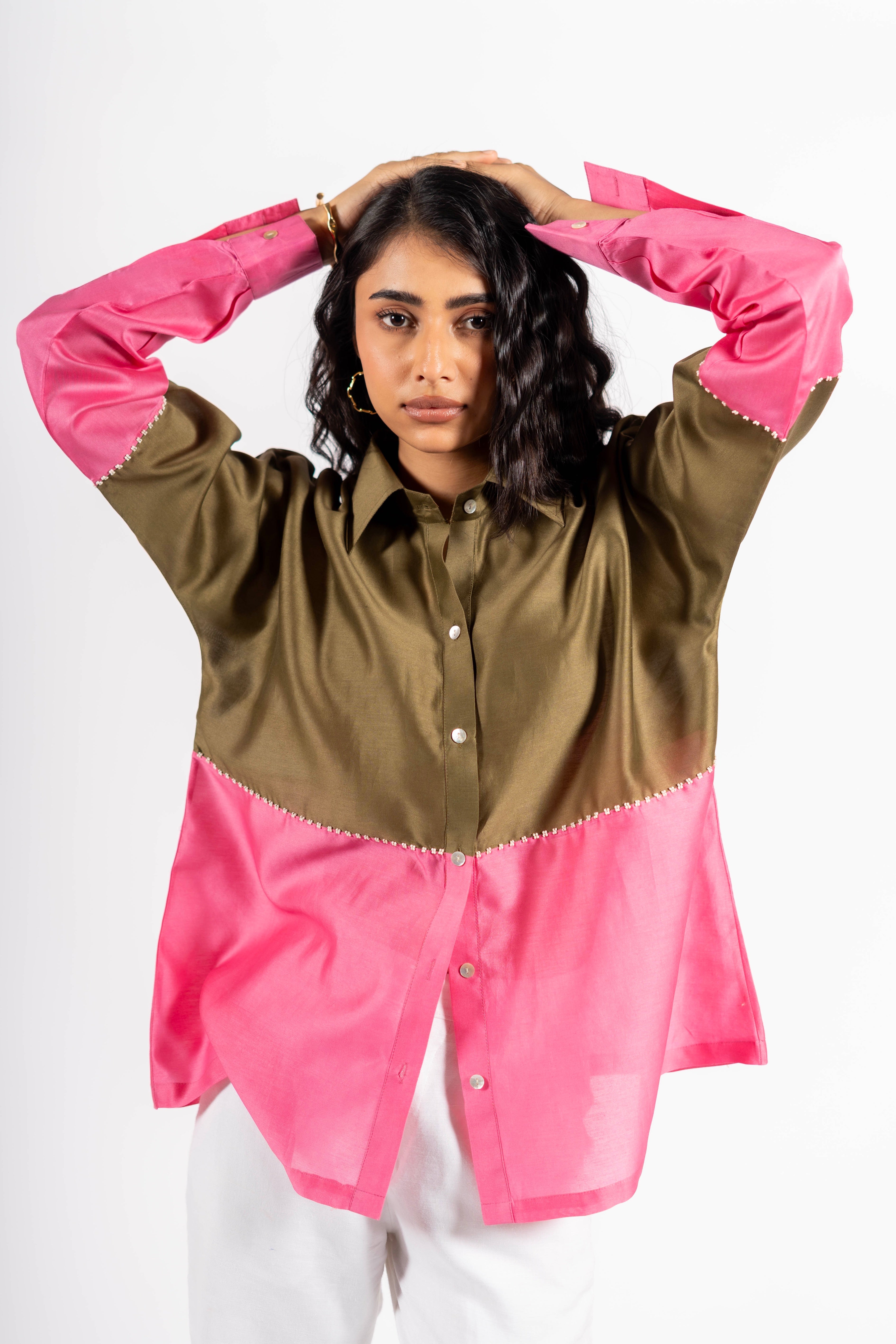 Beanie Shirt Two Tone Khakhi & Pink