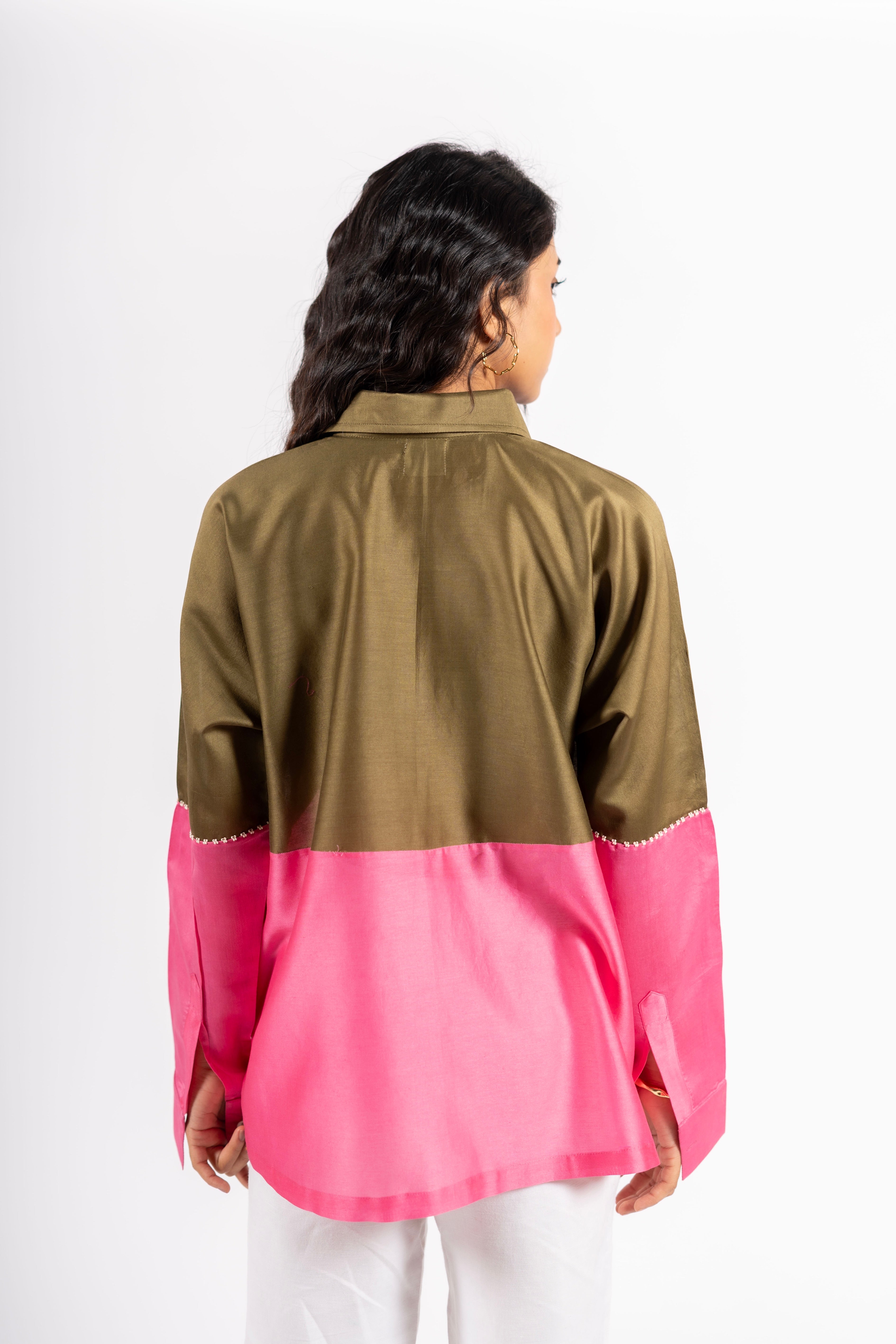 Beanie Shirt Two Tone Khakhi & Pink