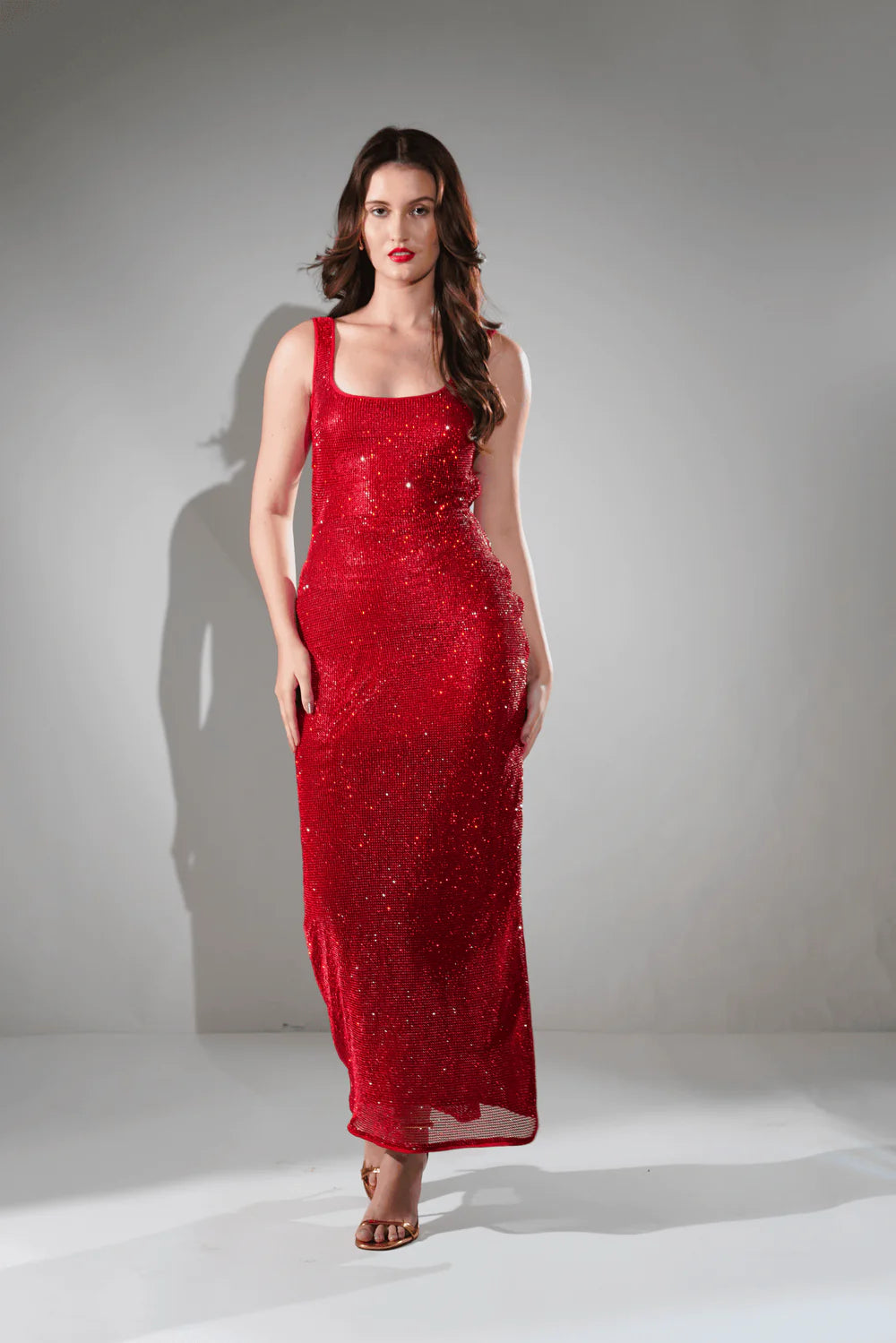 Midnight Red Chainmail Metallic Maxi Dress