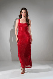 Midnight Red Chainmail Metallic Maxi Dress