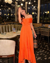 Sonal Kukreja in Our Orange Off Shoulder Maxi Dress
