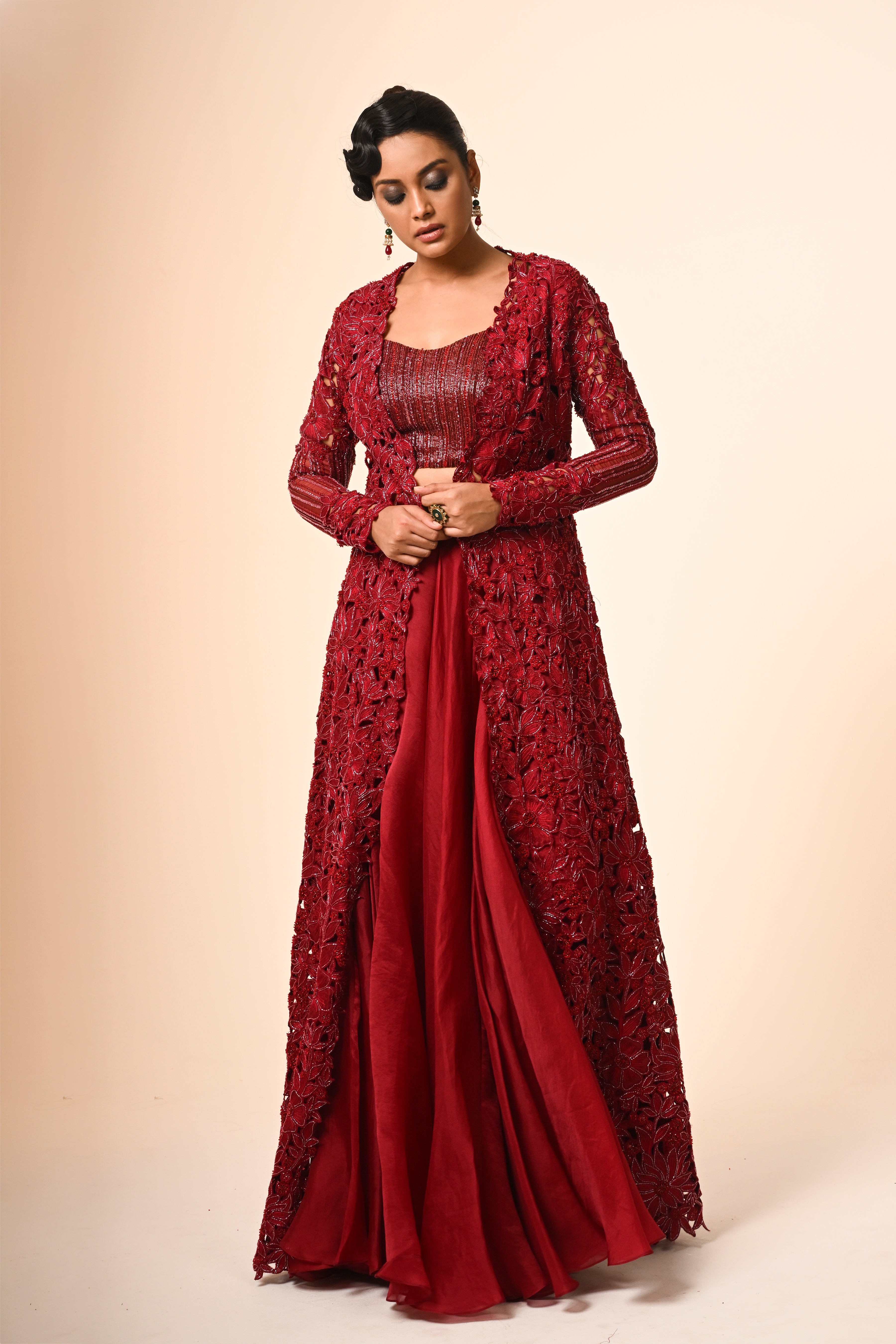 Red Jacket With flared Skirt Set