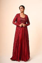 Red Jacket With flared Skirt Set