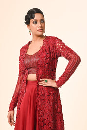 Red Jacket With flared Skirt Set