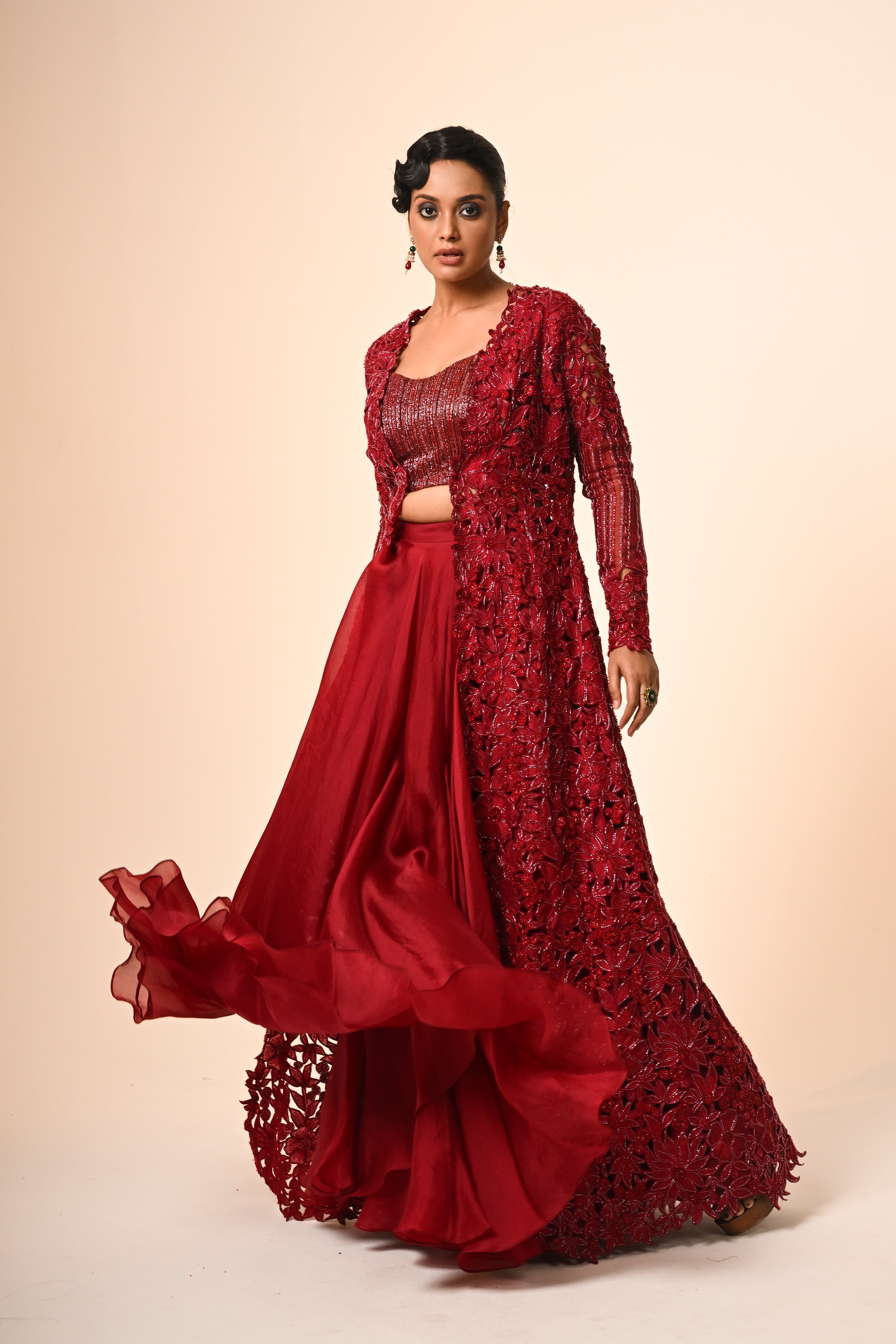 Red Jacket With flared Skirt Set