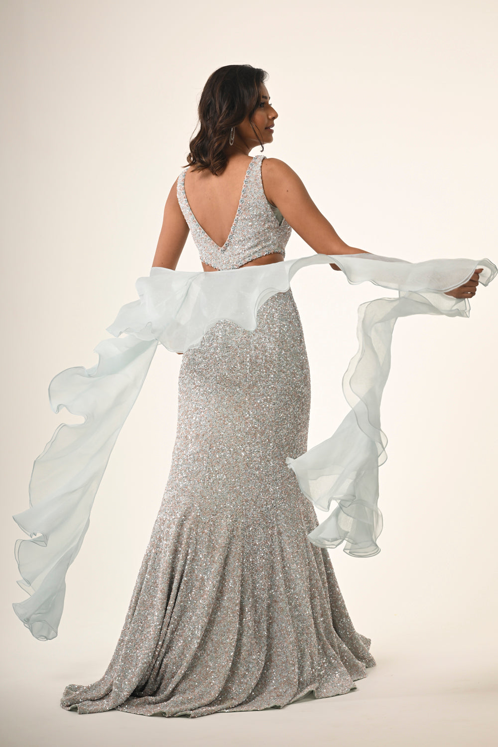 Powder Blue Gown With Ruffle Dupatta