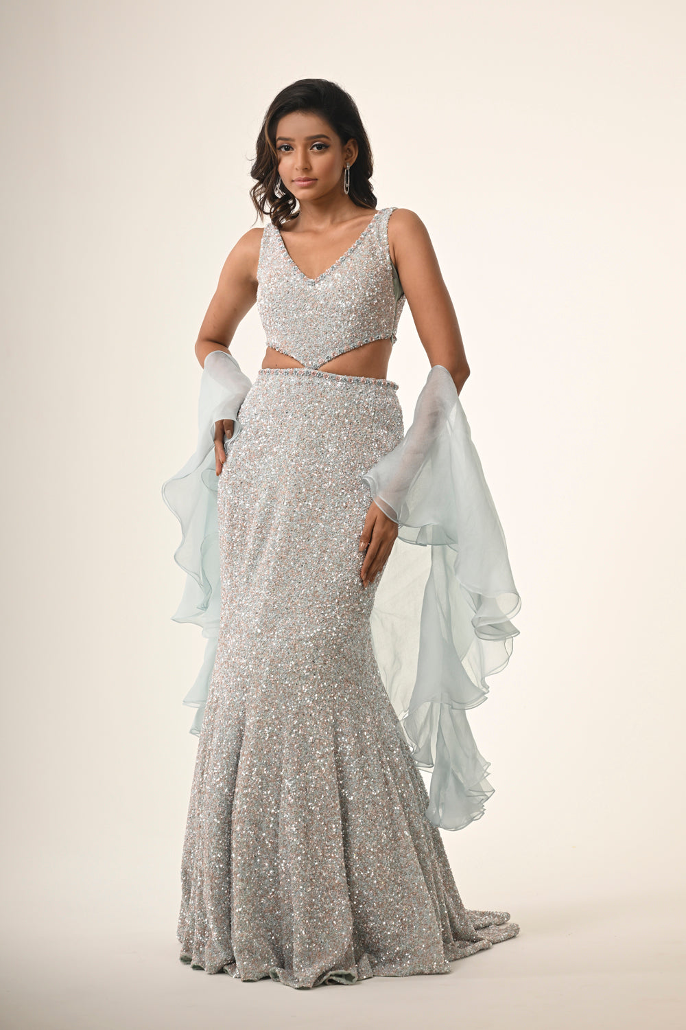 Powder Blue Gown With Ruffle Dupatta