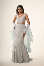 Powder Blue Gown With Ruffle Dupatta