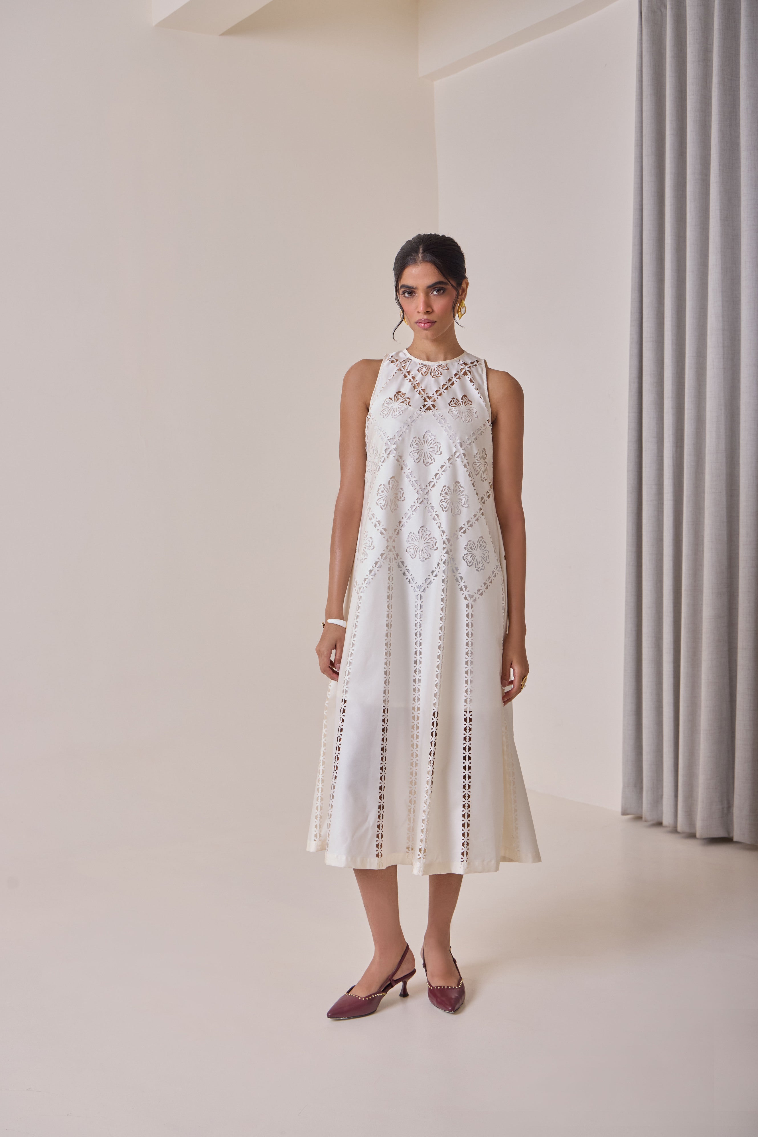 Pearl Cut Work Midi Dress