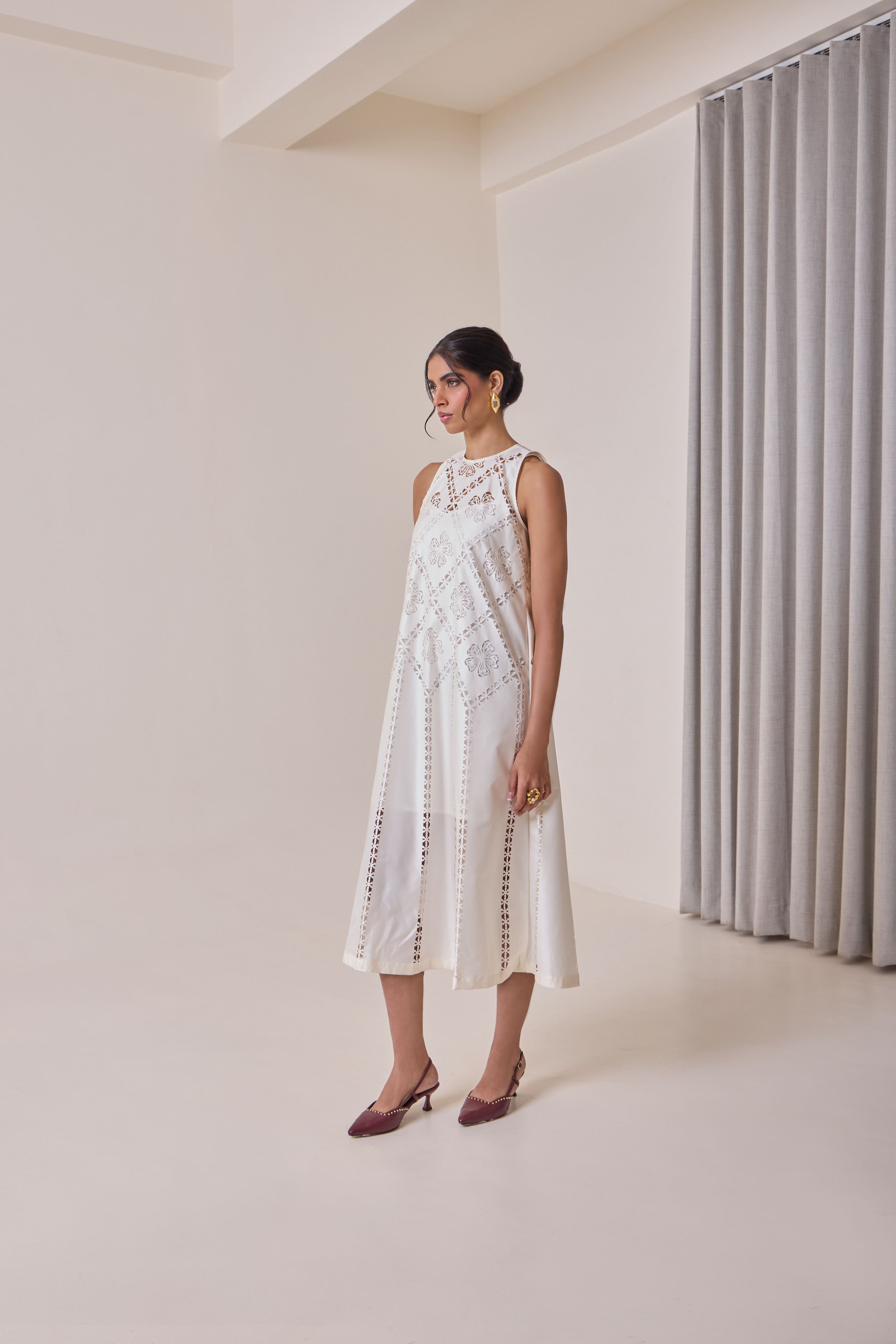 Pearl Cut Work Midi Dress