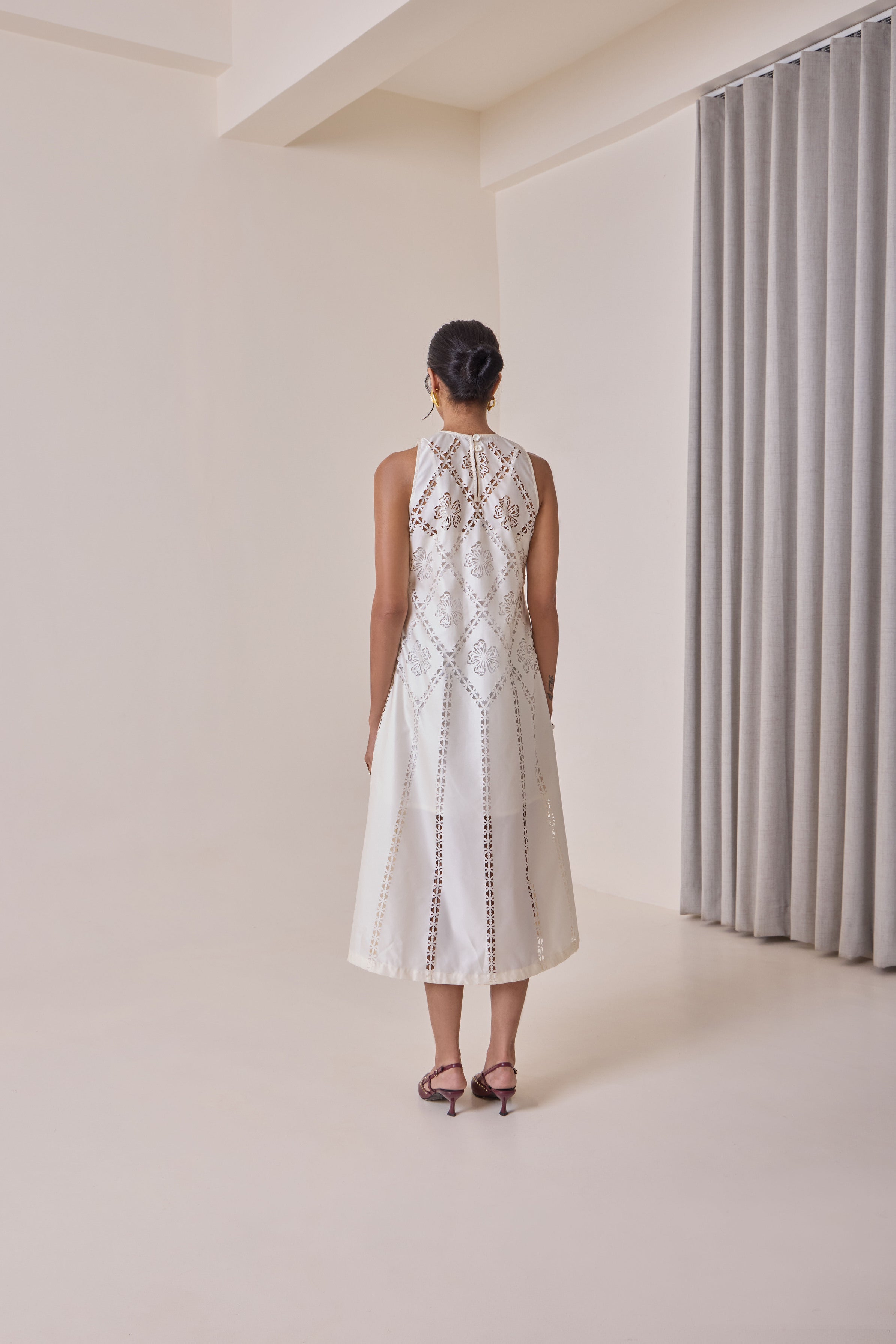 Pearl Cut Work Midi Dress