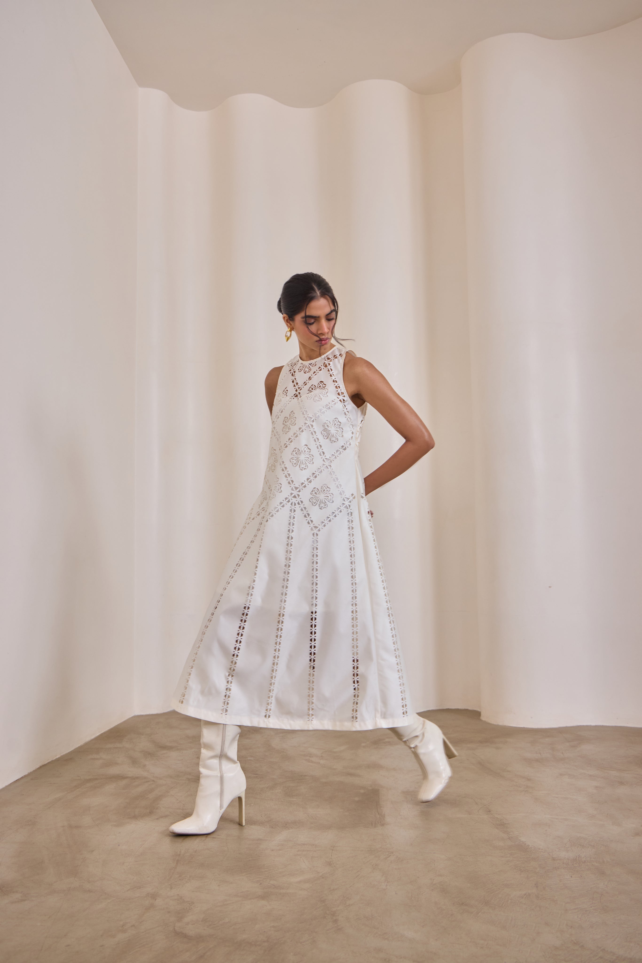 Pearl Cut Work Midi Dress