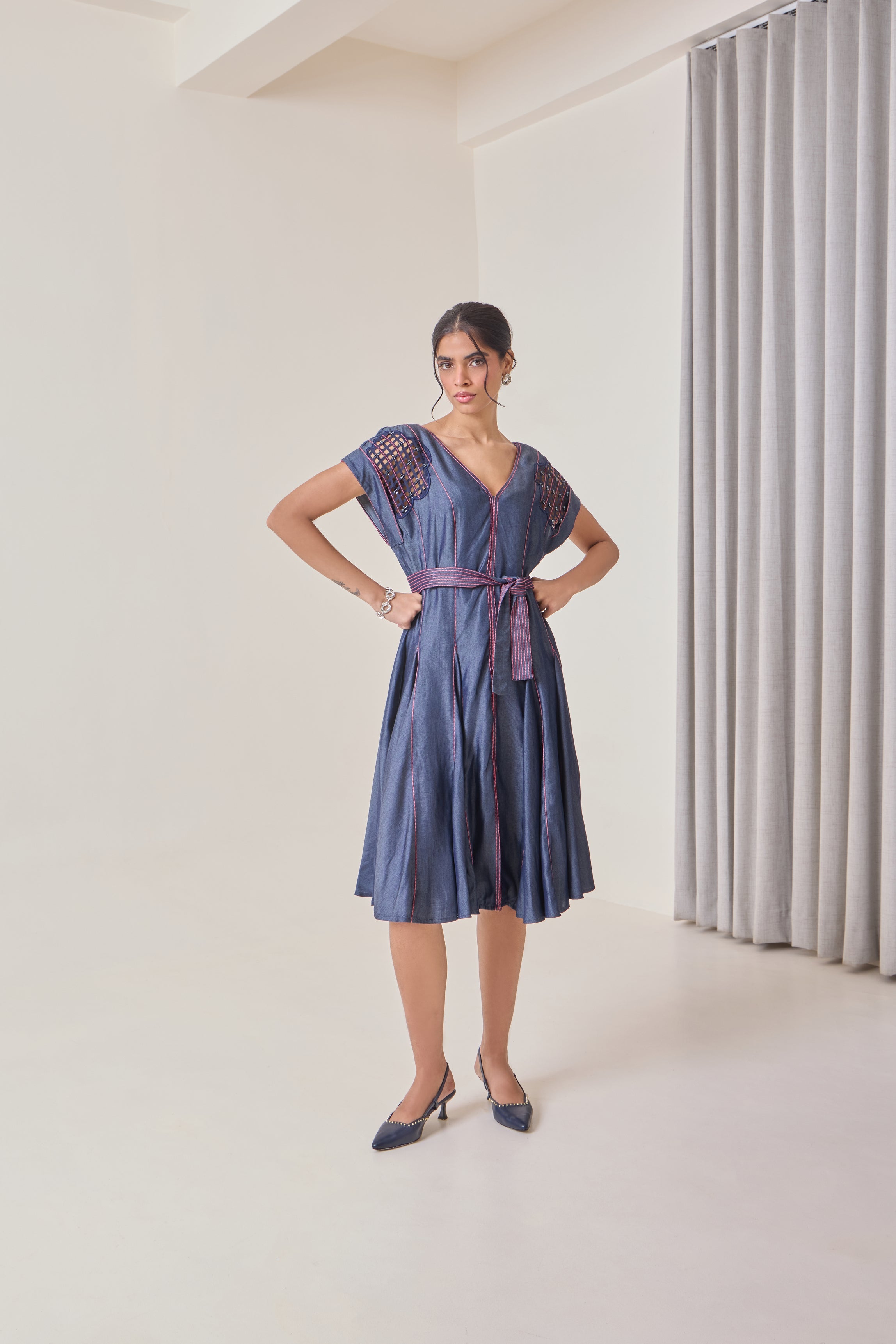 Pink Pop Denim Midi Dress