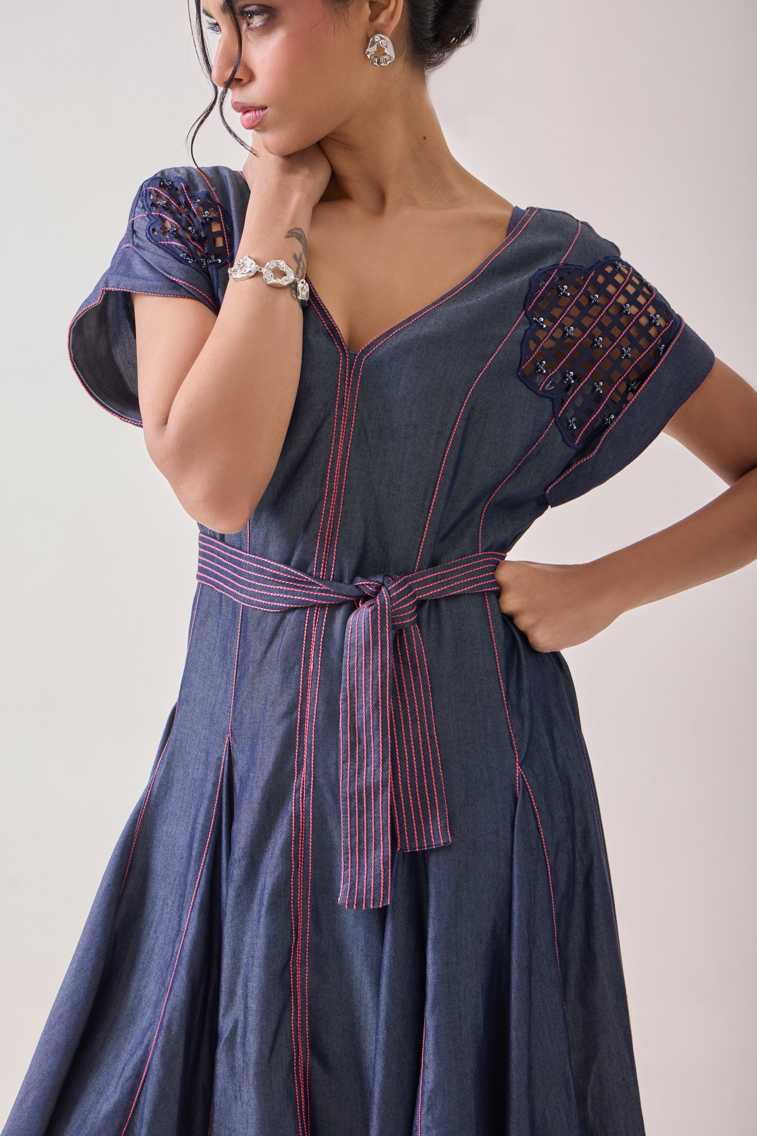 Pink Pop Denim Midi Dress
