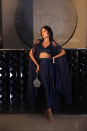 Indigo Cape & Draped Skirt Set