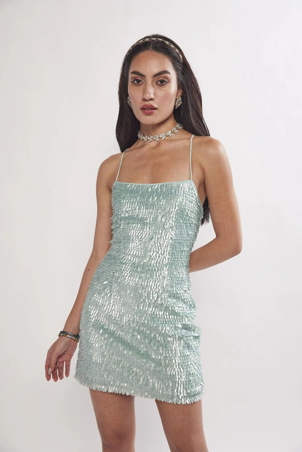 Pearl Aqua Sequin Cocktail Mini Dress