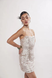 Pearl Peach Sequin Cocktail Mini Dress