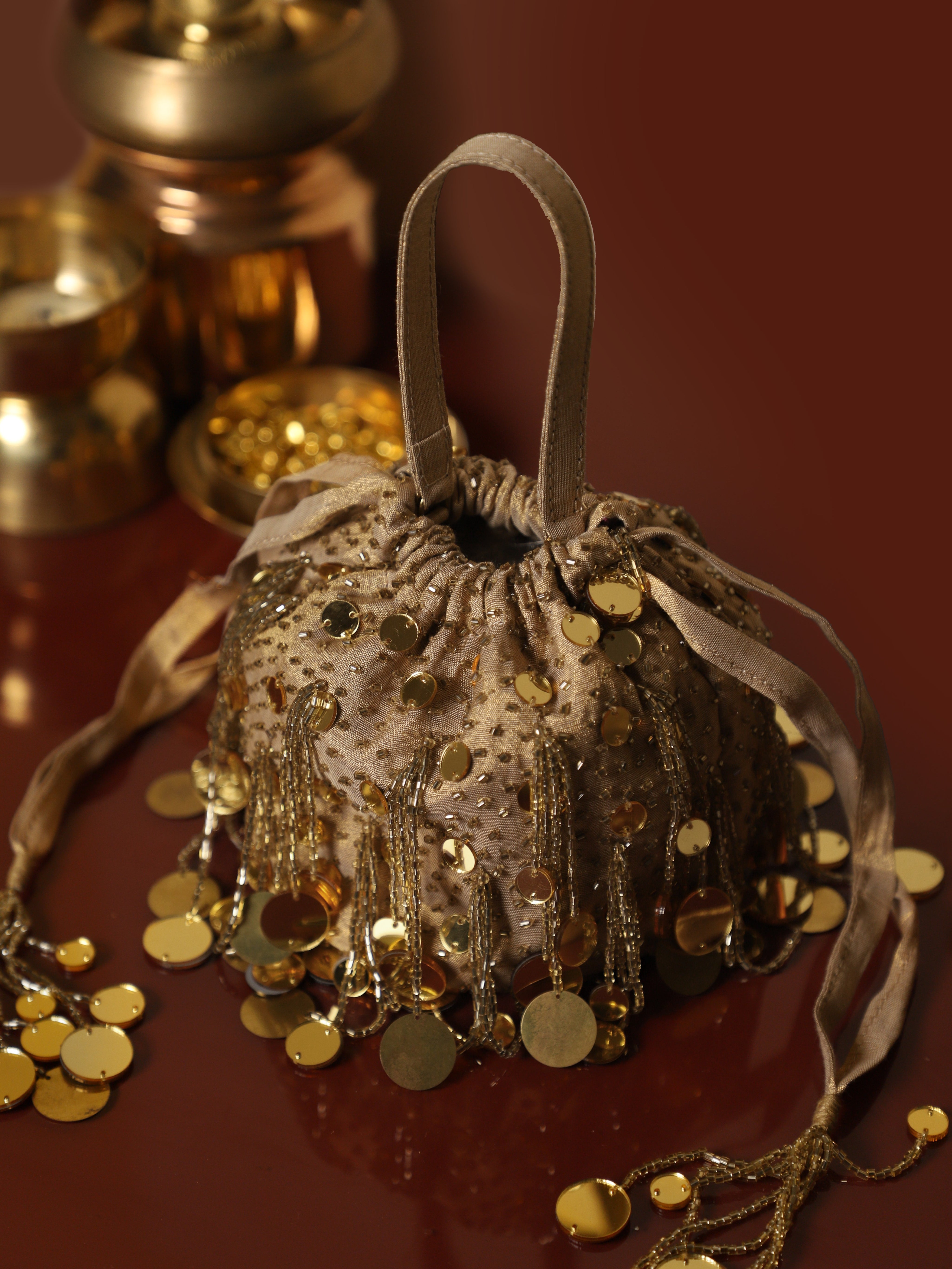 Gold Round Mirror Potli Bag