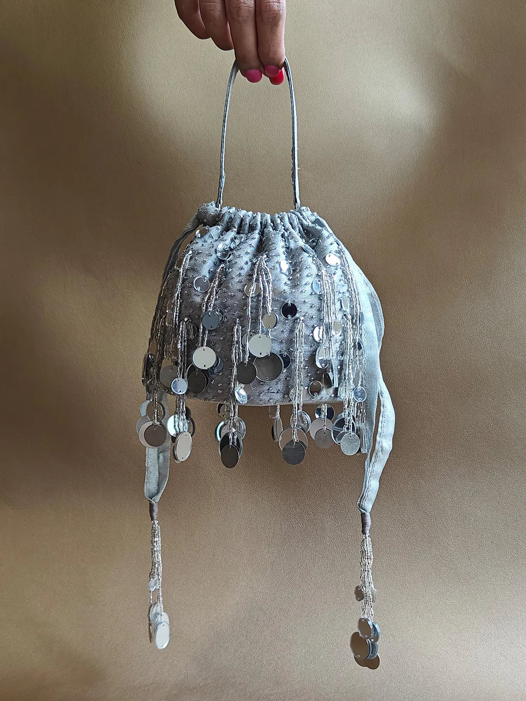 Silver Round Mirror Potli Bag