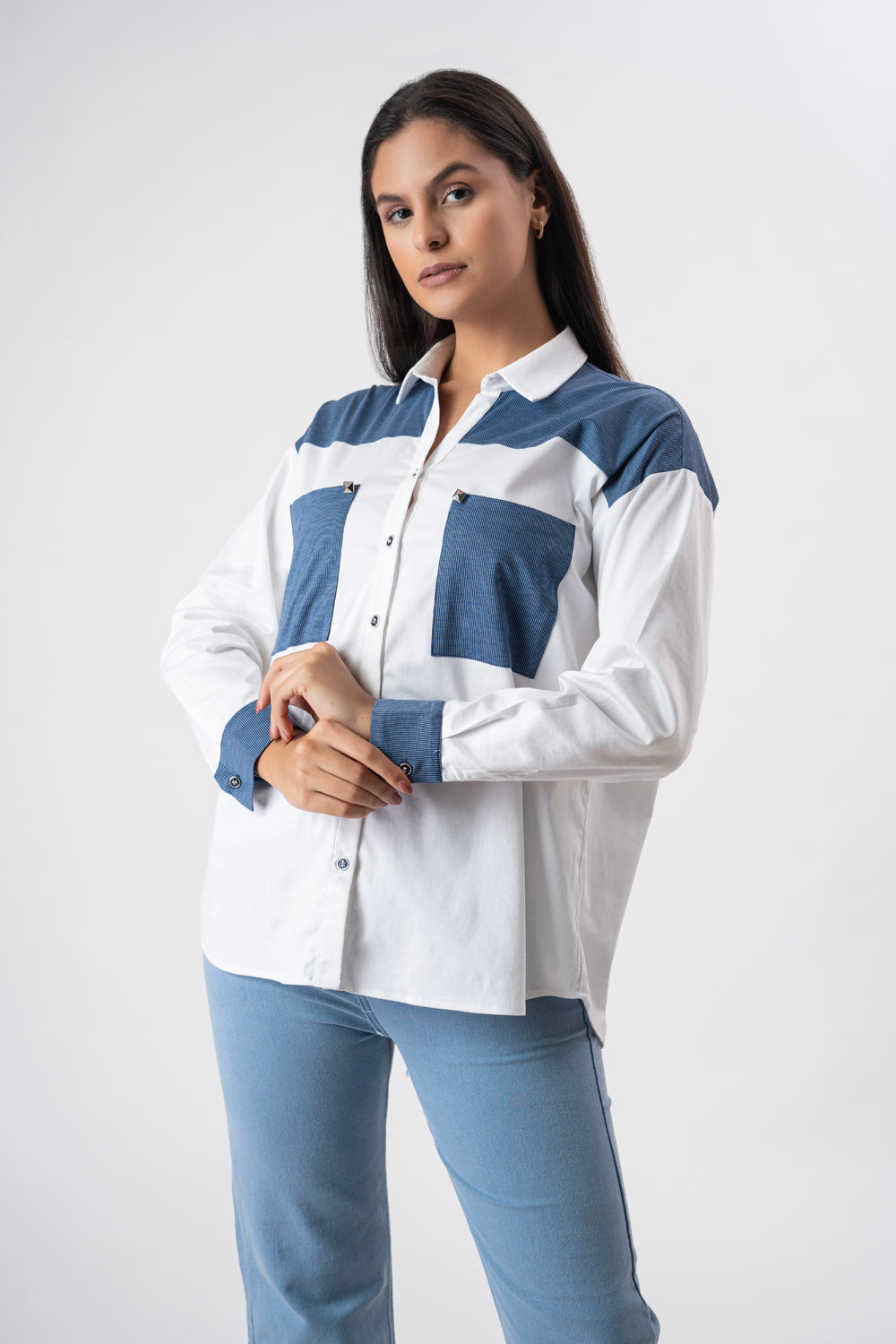 White With Blue Patchwork Shirt