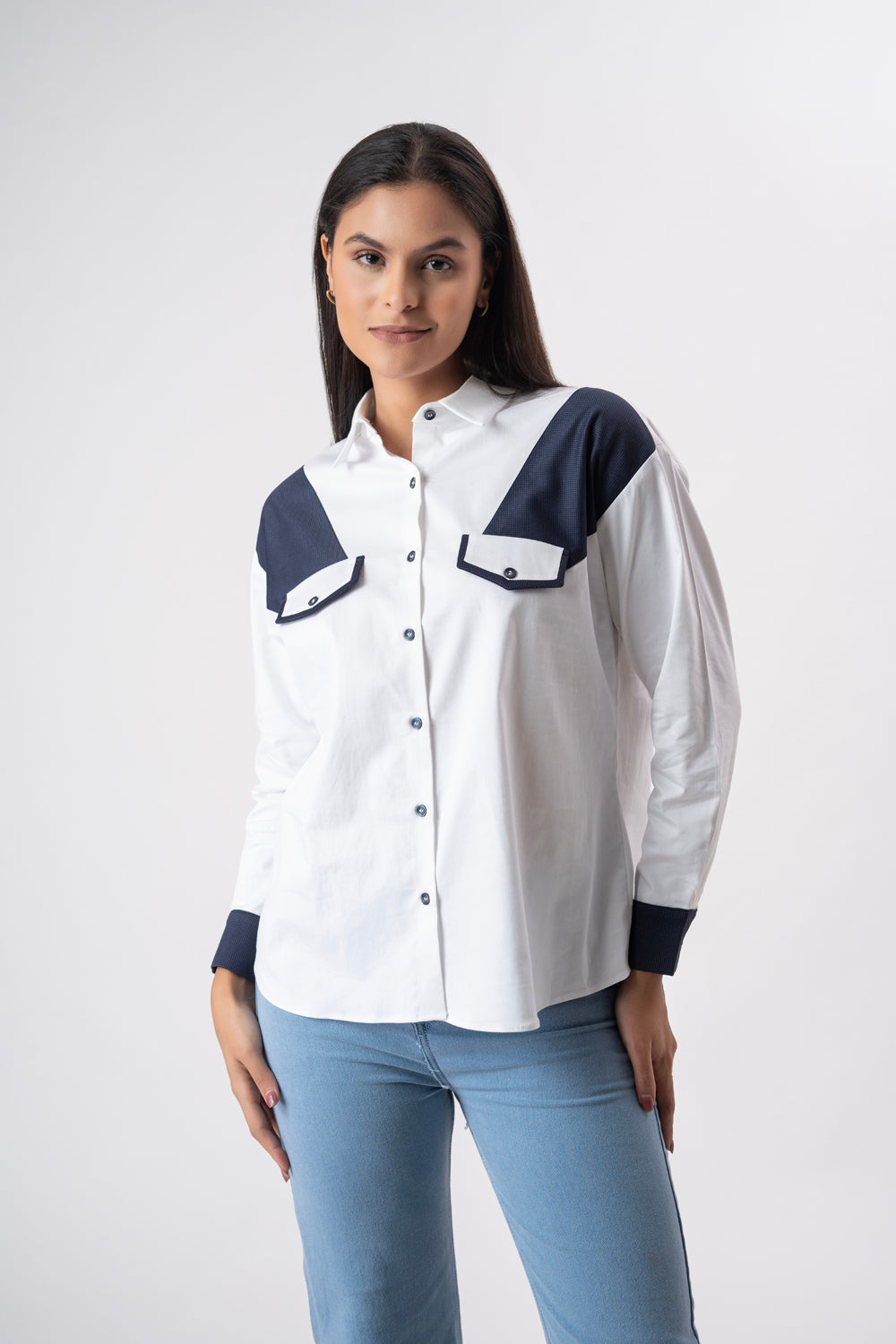 White With Navy Blue Patchwork Shirt