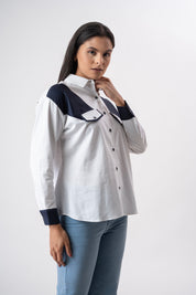 White With Navy Blue Patchwork Shirt