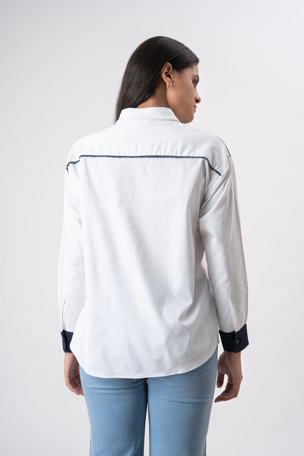 White With Navy Blue Patchwork Shirt