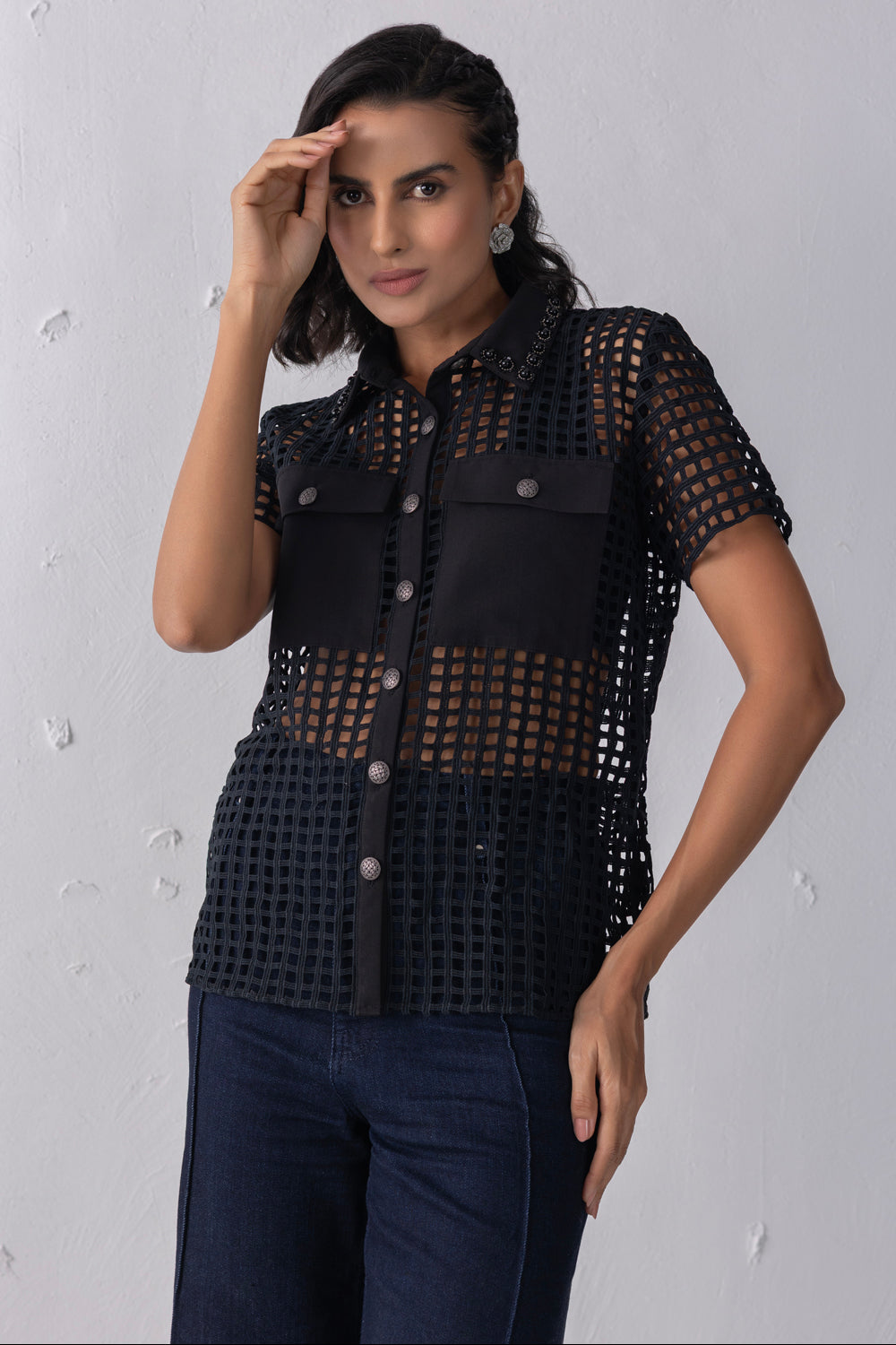 Black Mesh Crochet Shirt