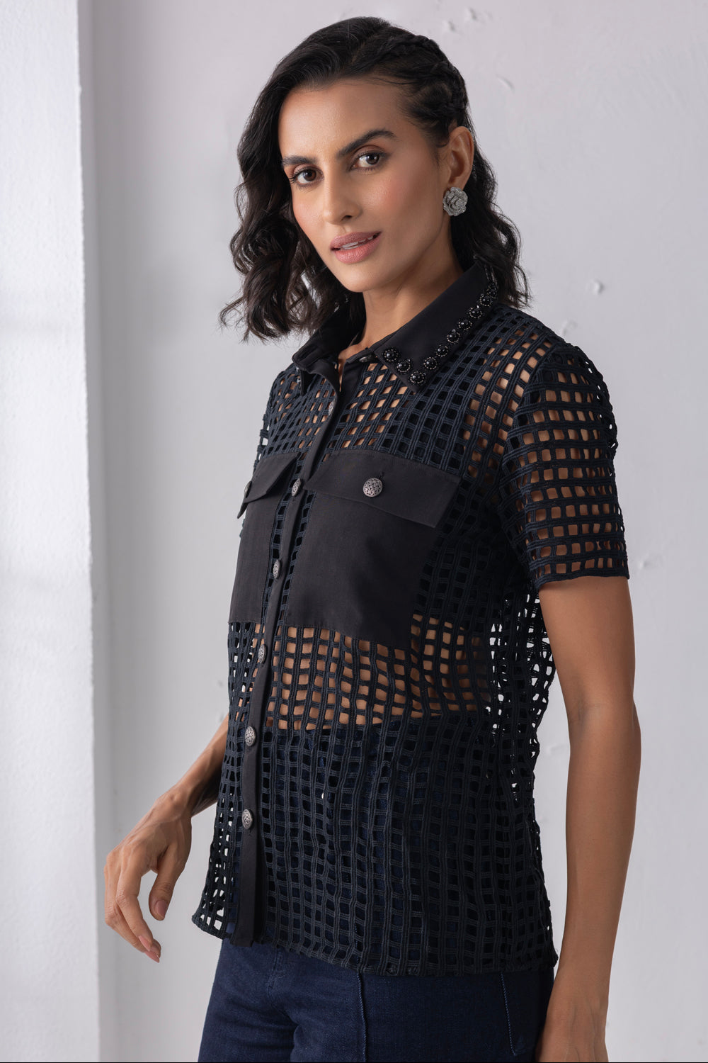 Black Mesh Crochet Shirt