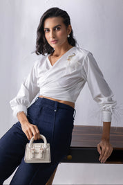 White Feathered Tie Up Shirt