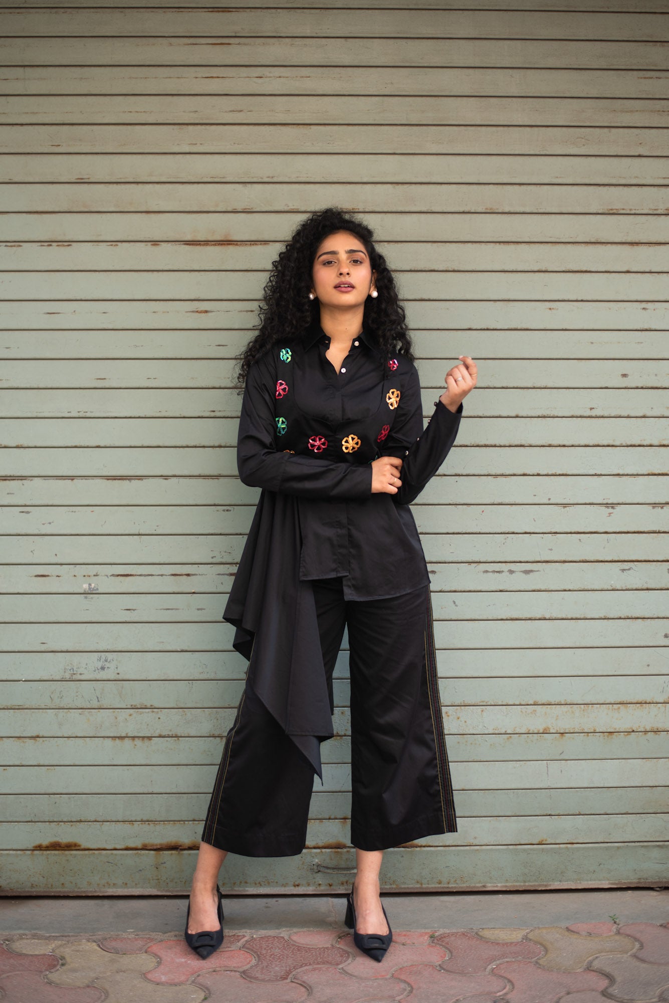 Side Drape Shirt With Bloom Crop Jacket And Multi Coloured Pants