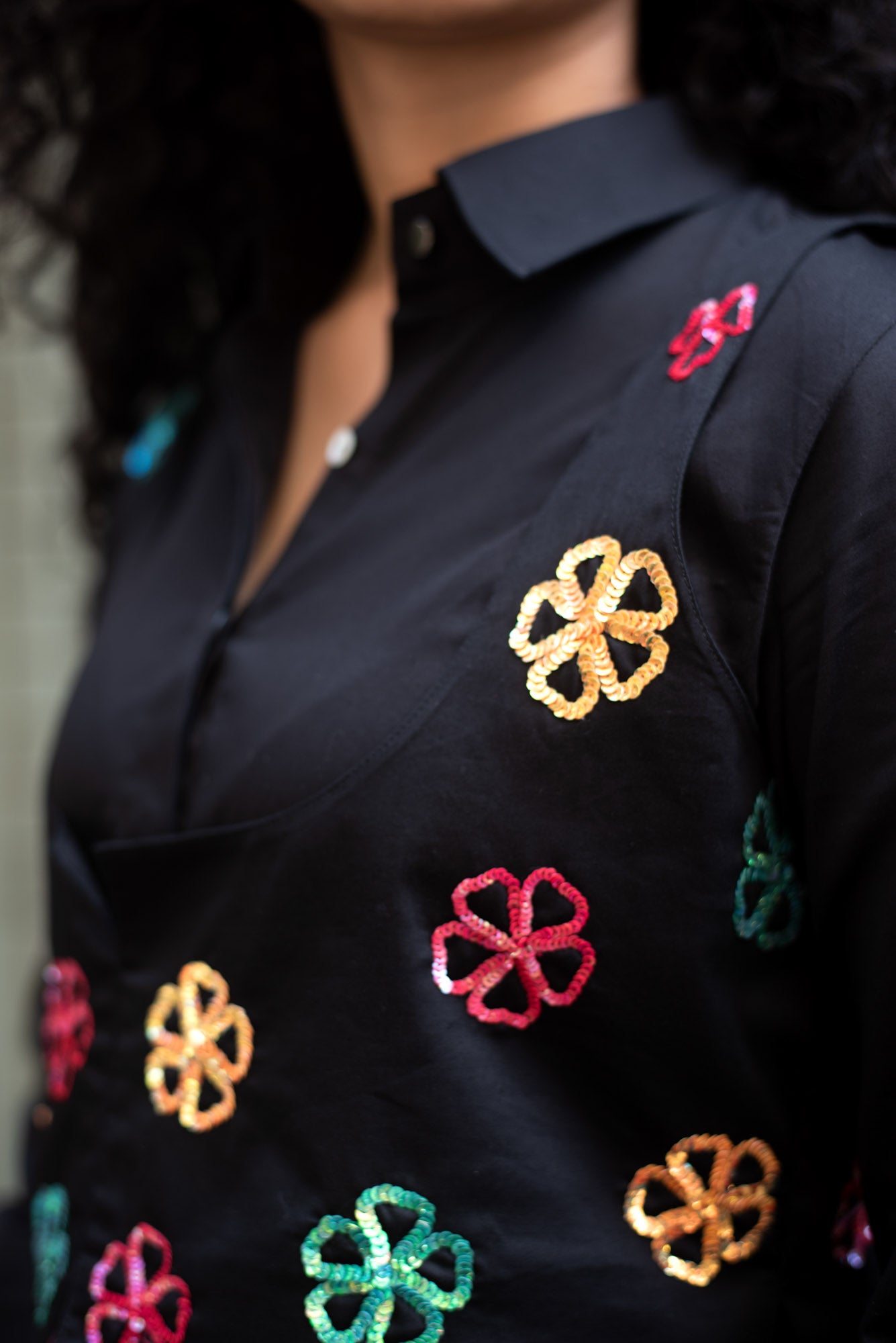Side Drape Shirt With Bloom Crop Jacket And Multi Coloured Pants
