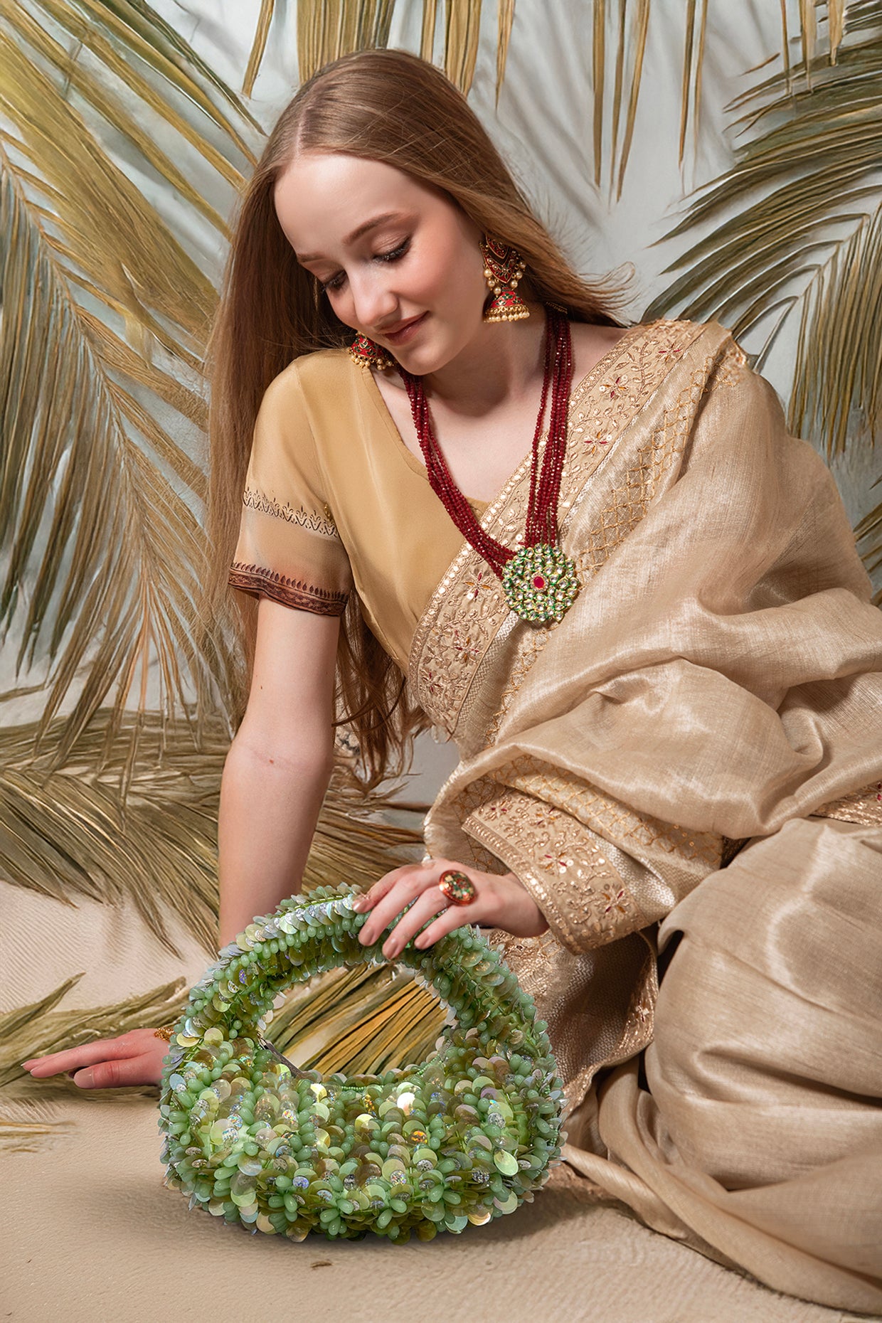 Pistachio Bloom Luxe Embellished Beaded Bag