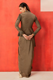 Olive Green Peplum Top With A Drape Skirt