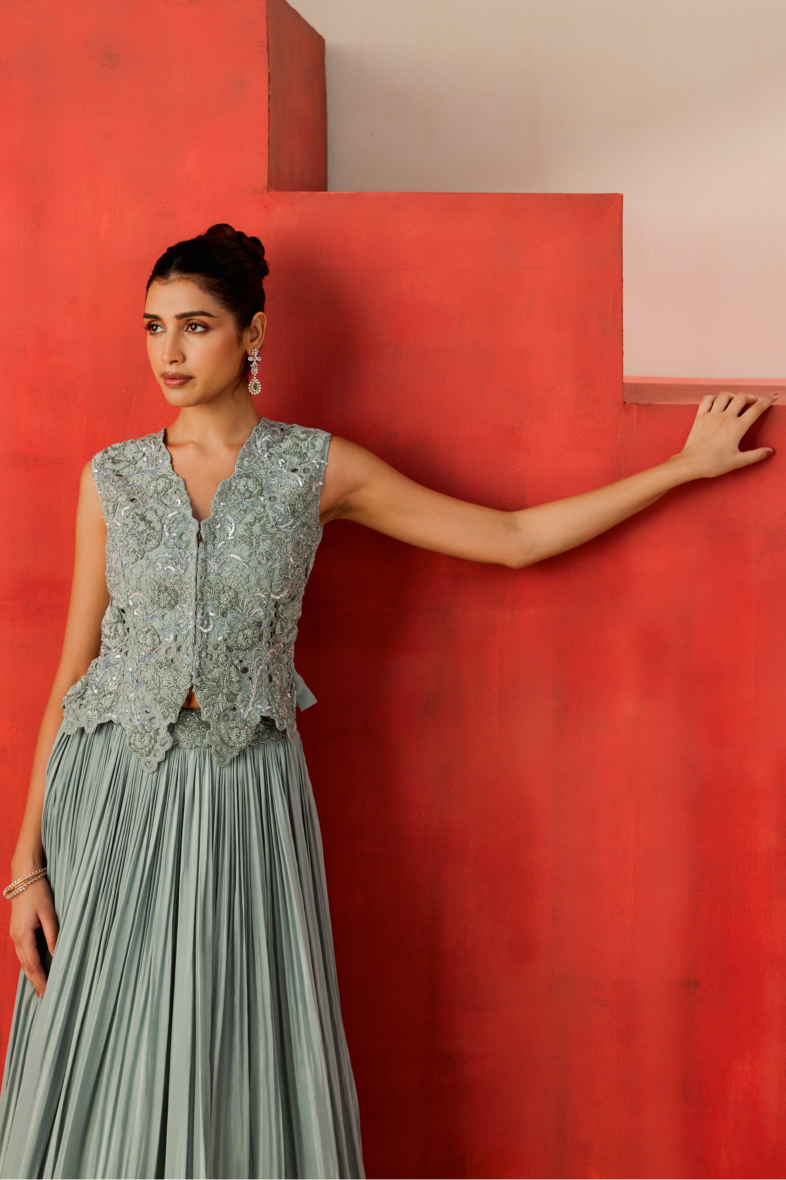 Embroidered Waistcoat With A Lehenga And Dupatta