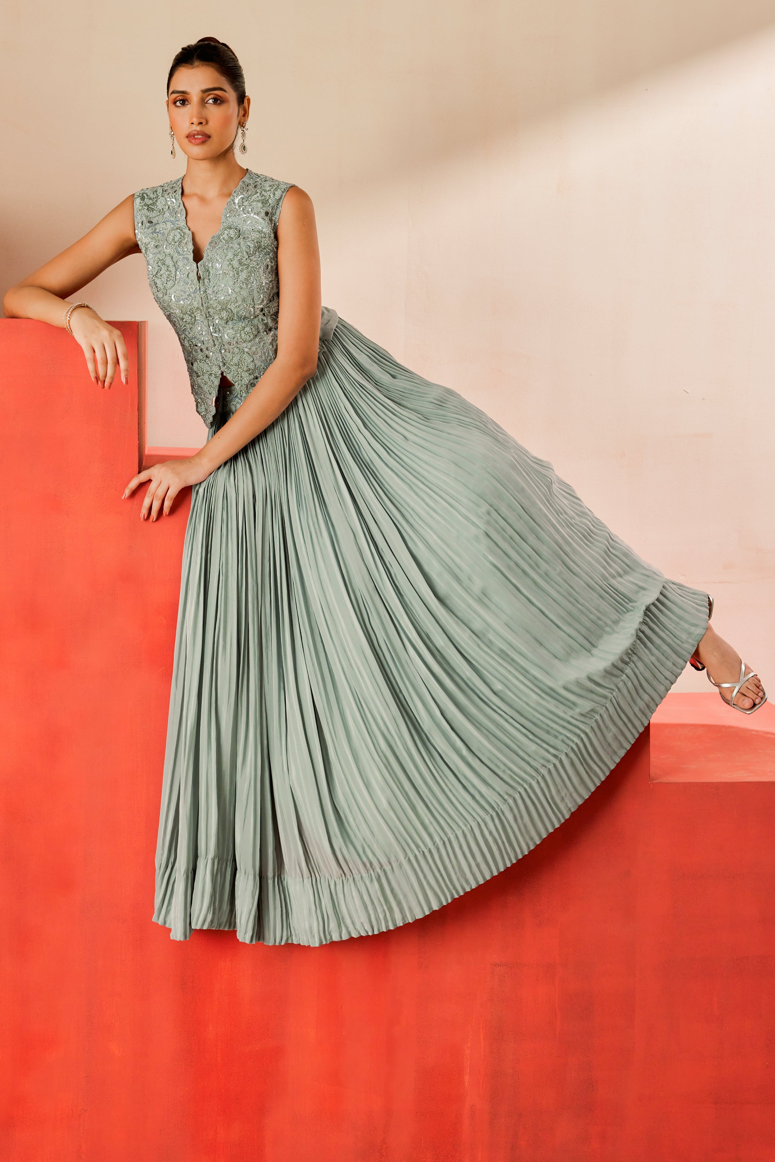 Embroidered Waistcoat With A Lehenga And Dupatta