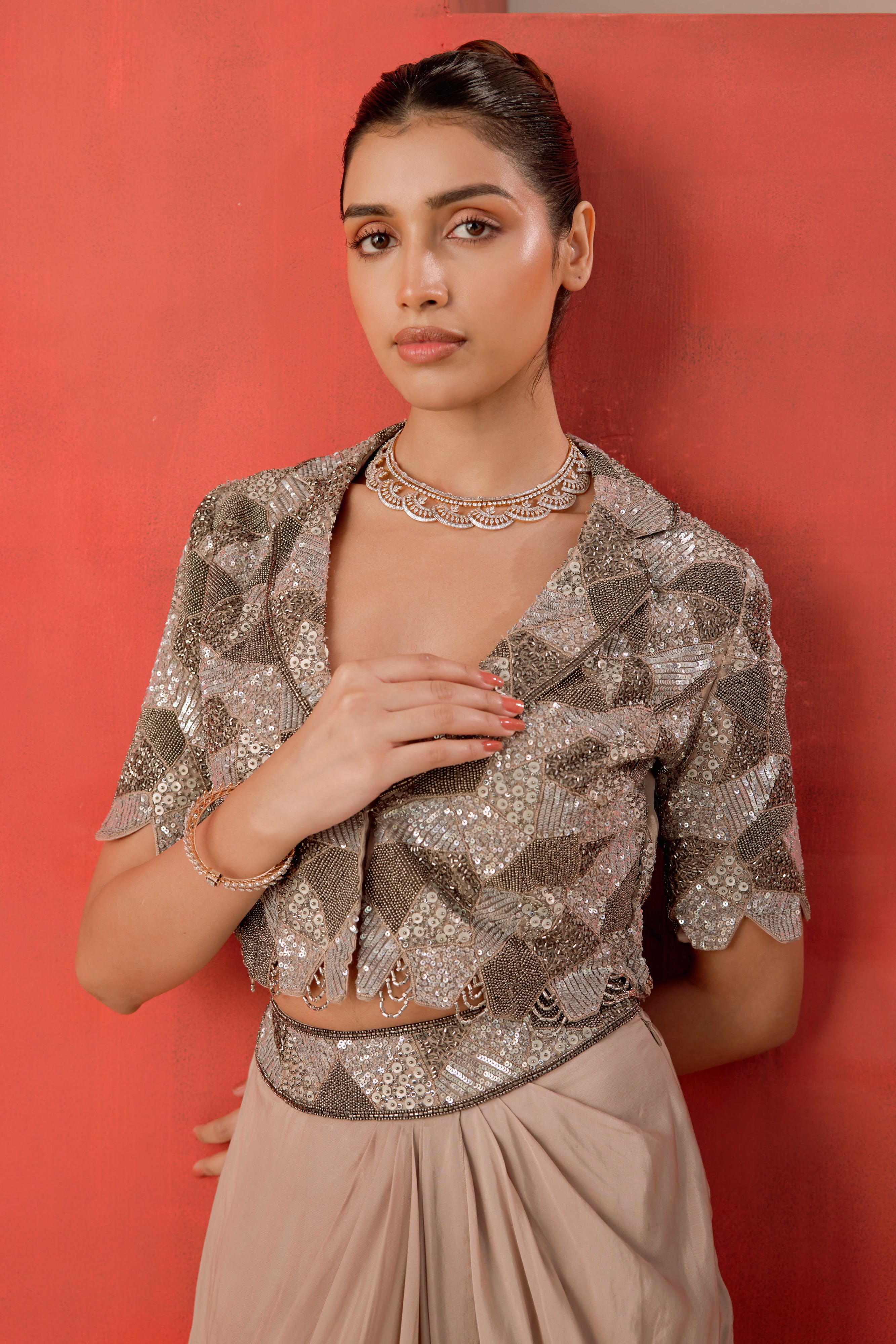 Short Jacket With A Bustier And Drape Skirt