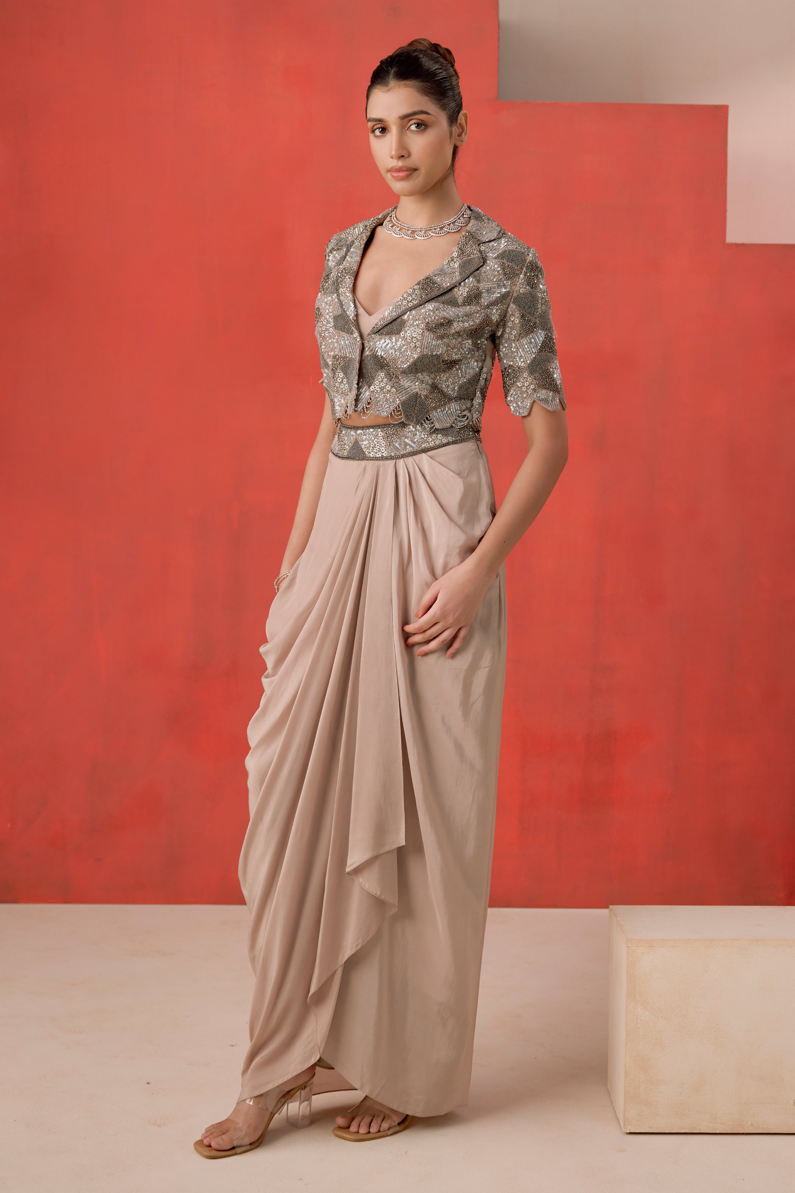 Short Jacket With A Bustier And Drape Skirt