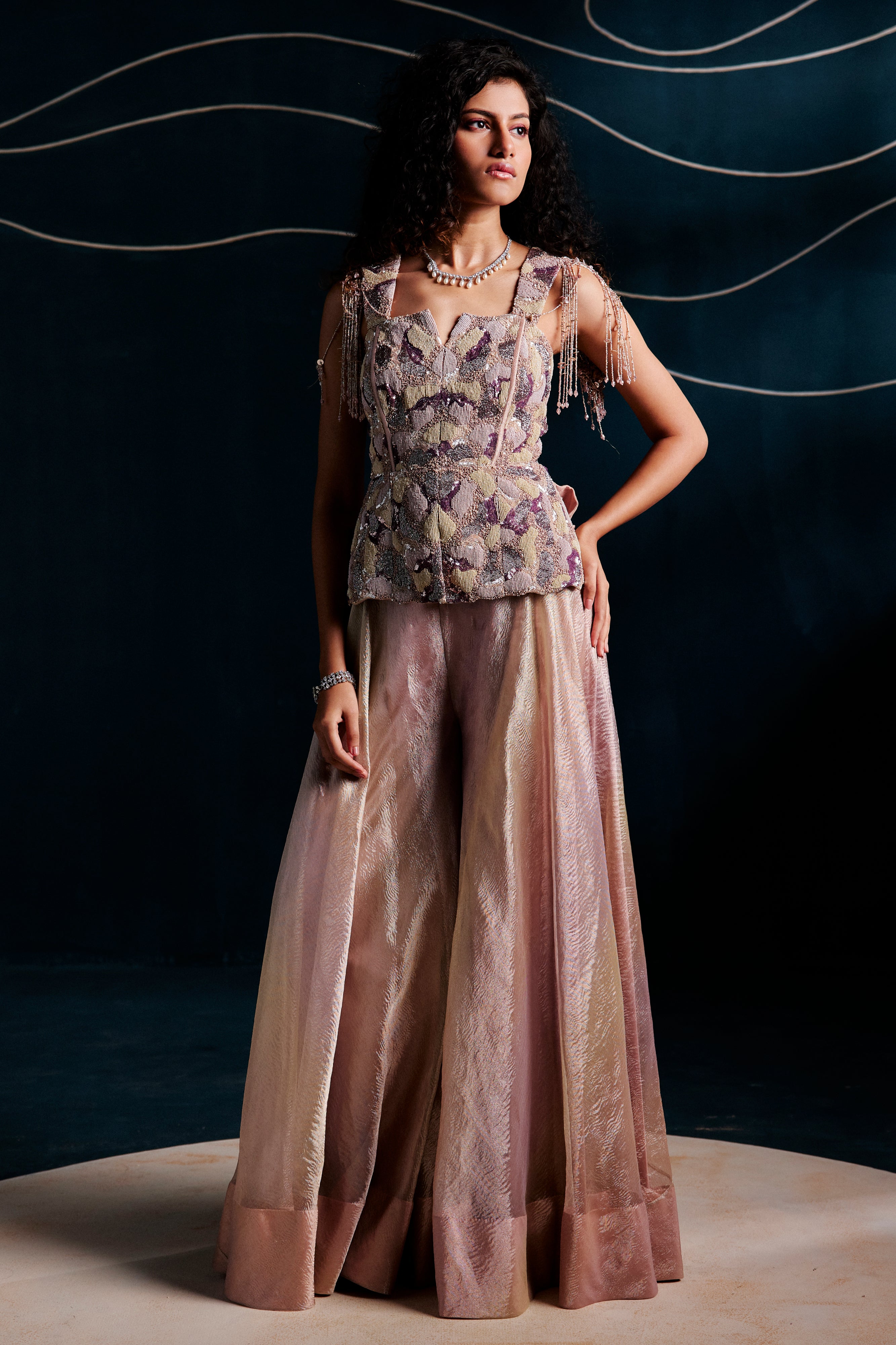 Embroidered Peplum With Flared Pant