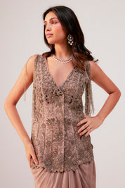 Embroidered Short Jacket With Drape Skirt