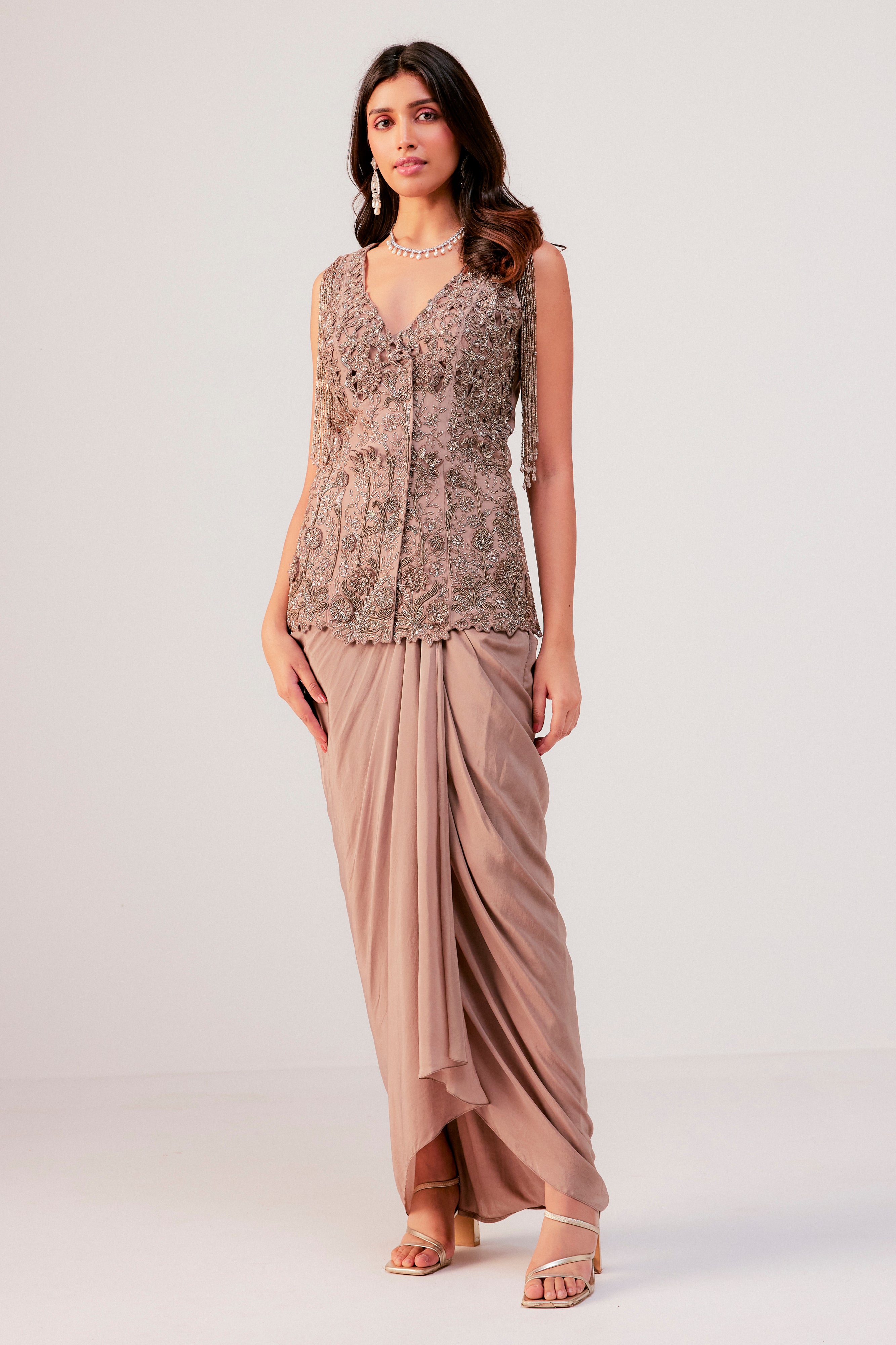 Embroidered Short Jacket With Drape Skirt