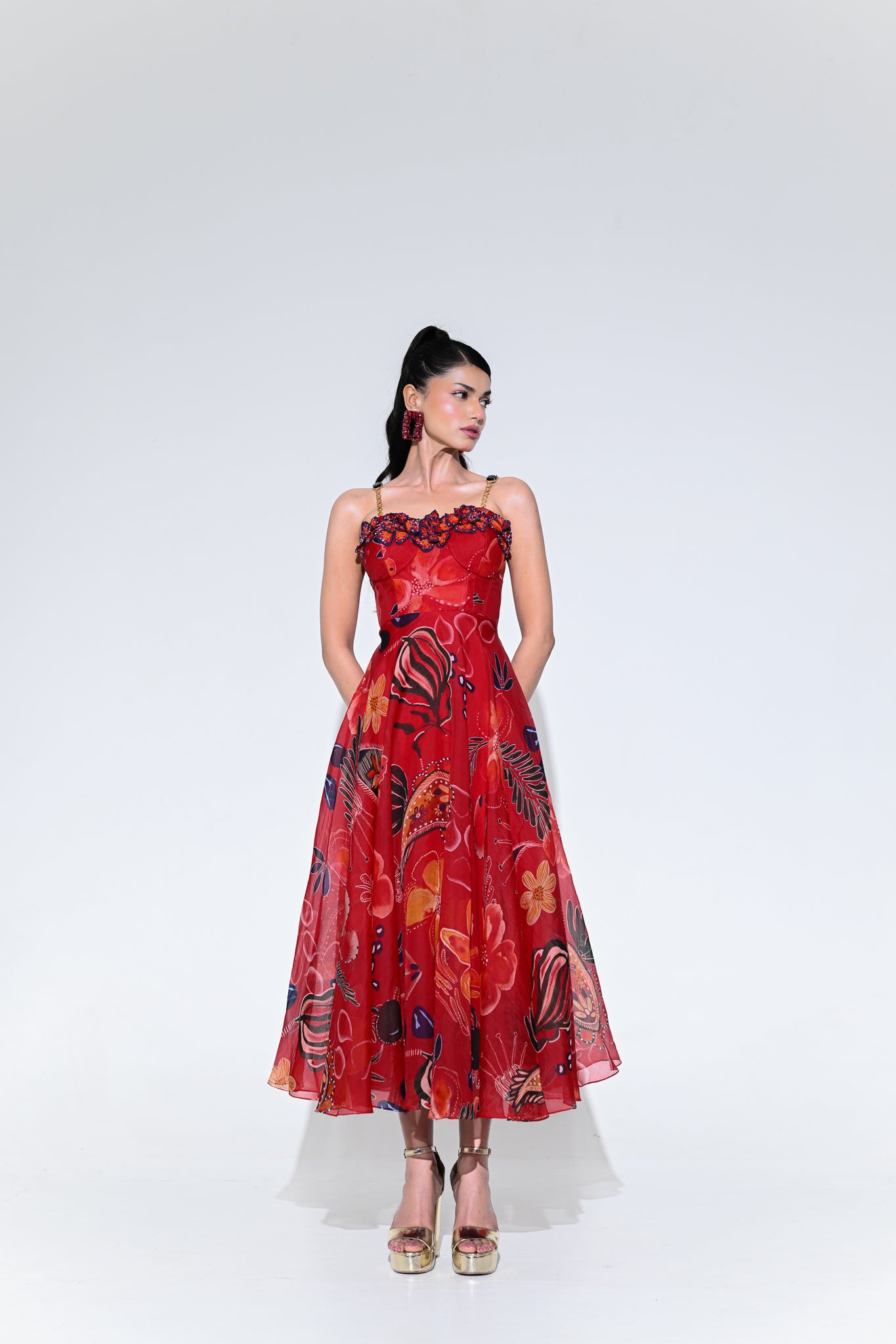 Scarlet Flower Corset Midi Dress