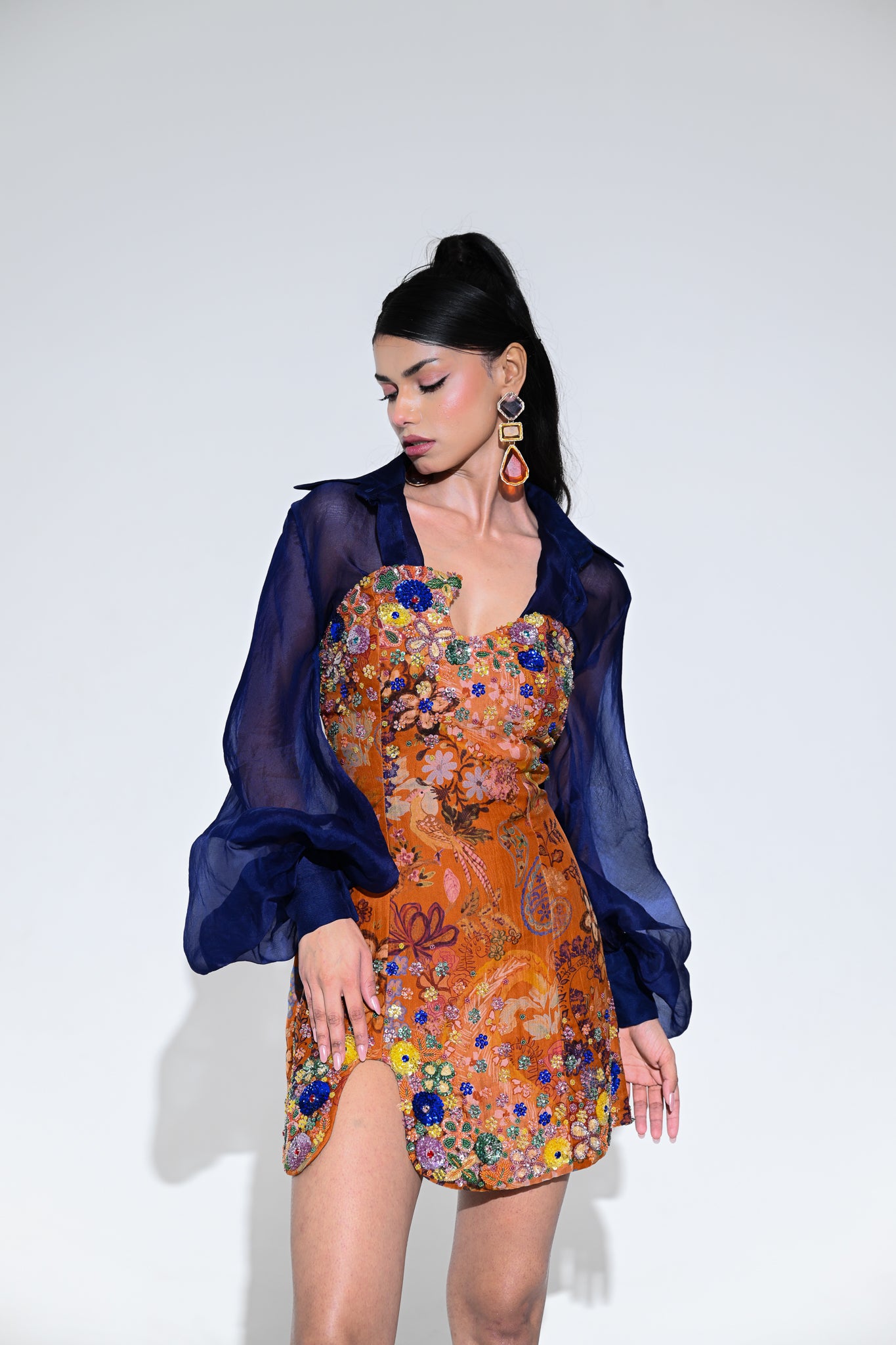 Amber Bloom Embroidered Dress With Shirt