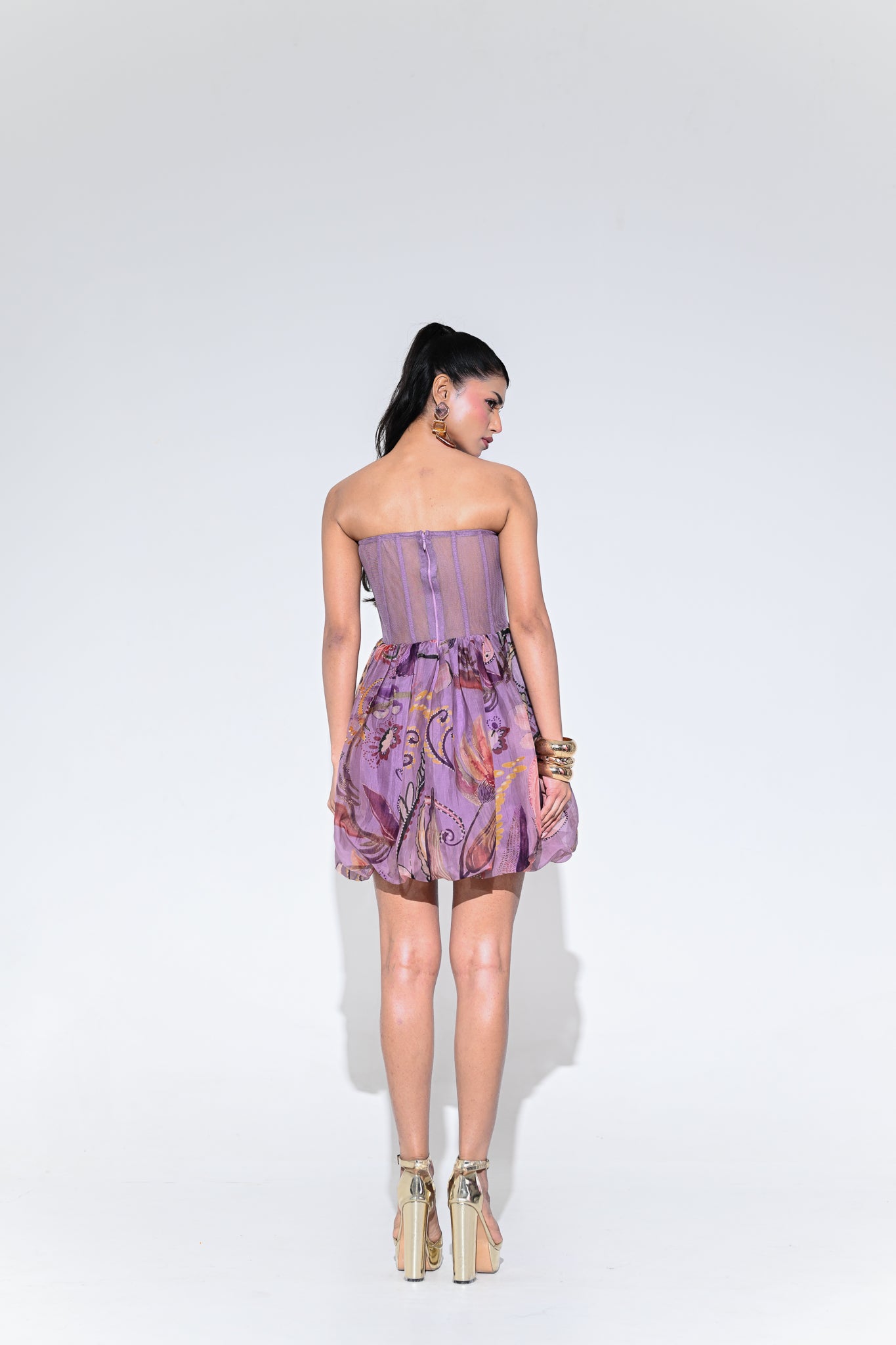 Violet Bloom Embroidered Patch Baloon Dress