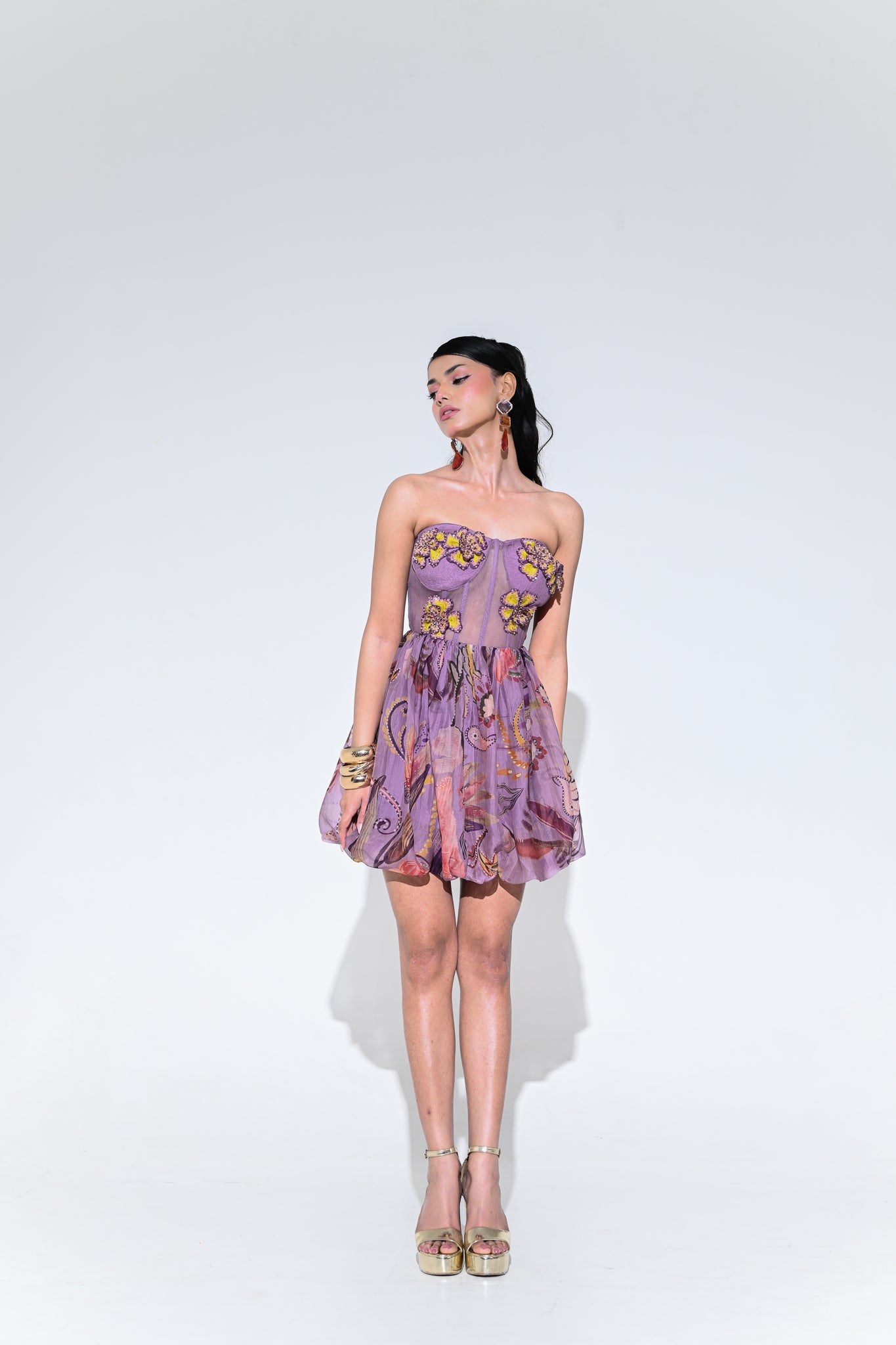 Violet Bloom Embroidered Patch Baloon Dress